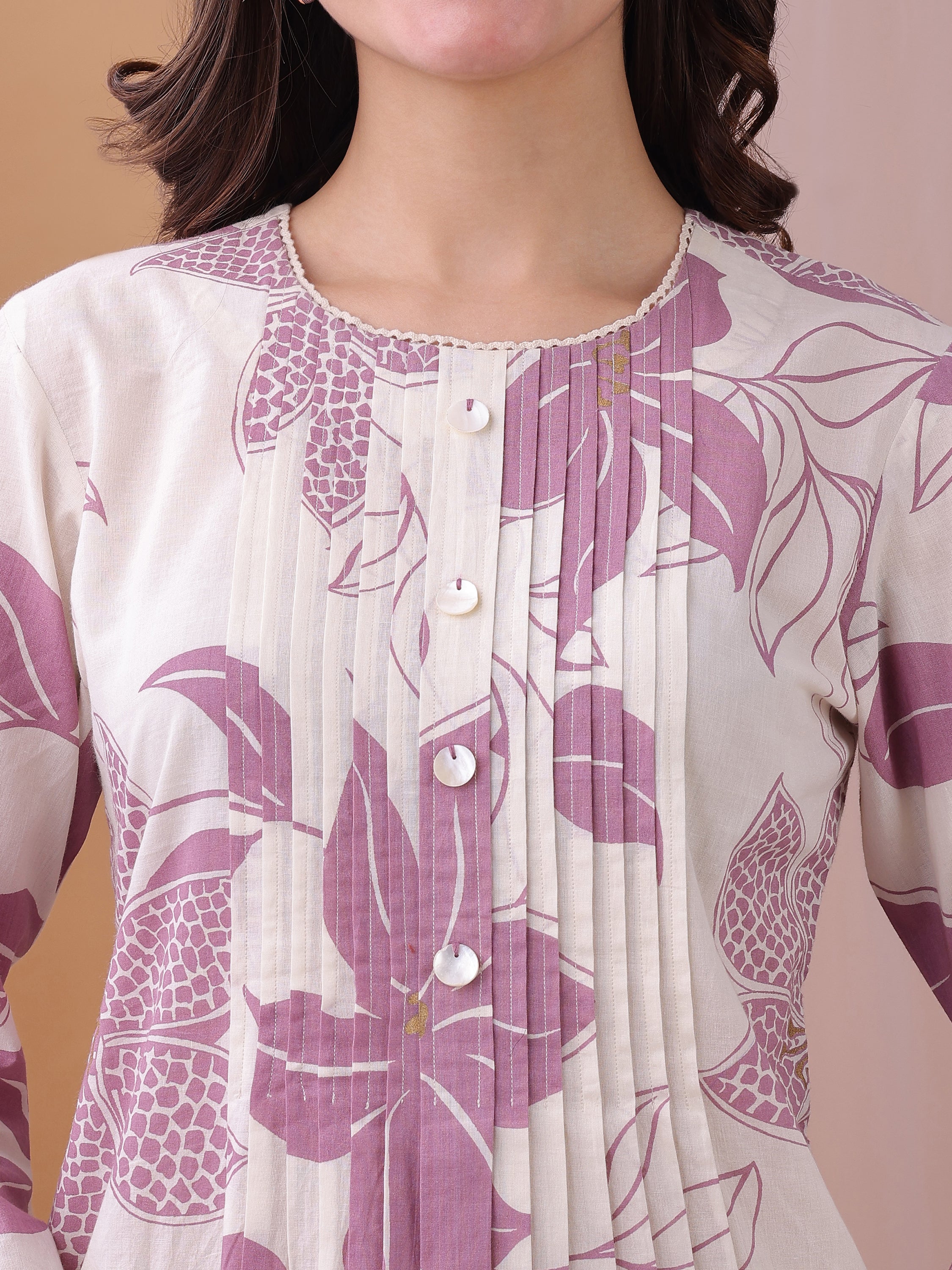 Lavender Pure Cambric Cotton Printed Floral A-line Kurta with Pant