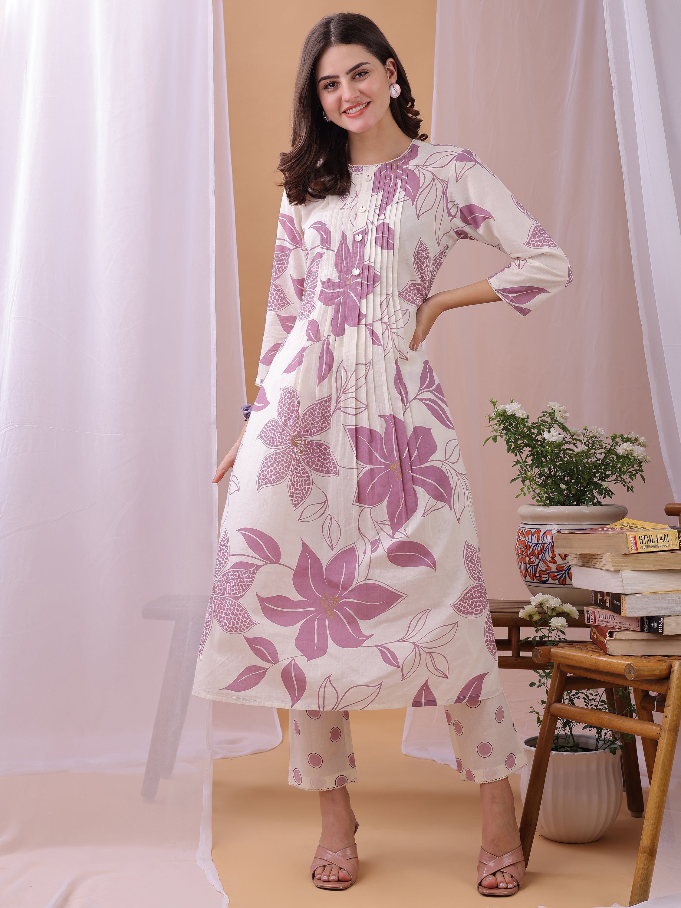 Lavender Pure Cambric Cotton Printed Floral A-line Kurta with Pant