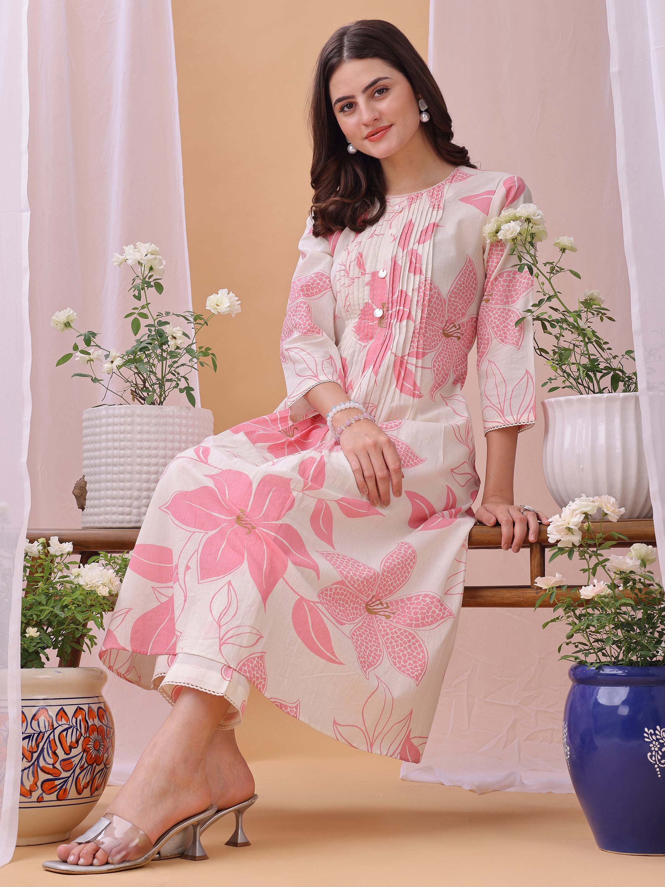 Pink Pure Cambric Cotton Printed Floral A-line Kurta with Pant