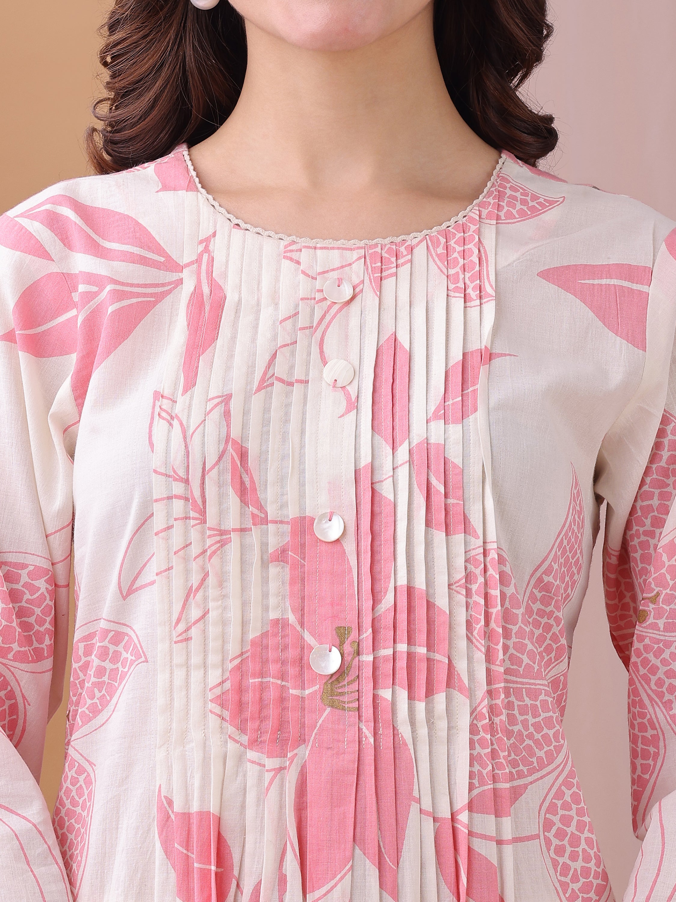 Pink Pure Cambric Cotton Printed Floral A-line Kurta with Pant