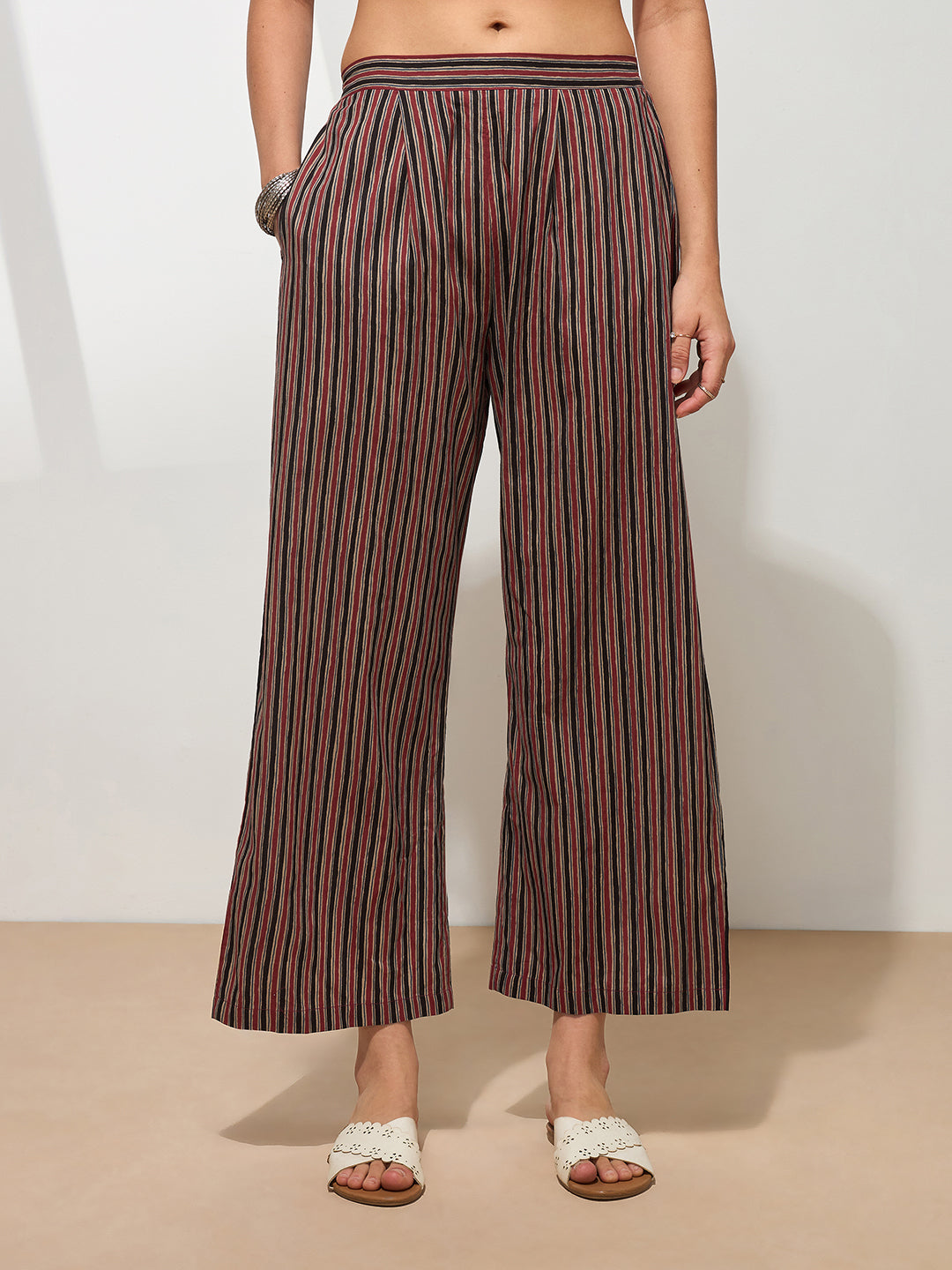 Black Pure Cambric Cotton Printed Striped Straight Kurta Kurta with Pant