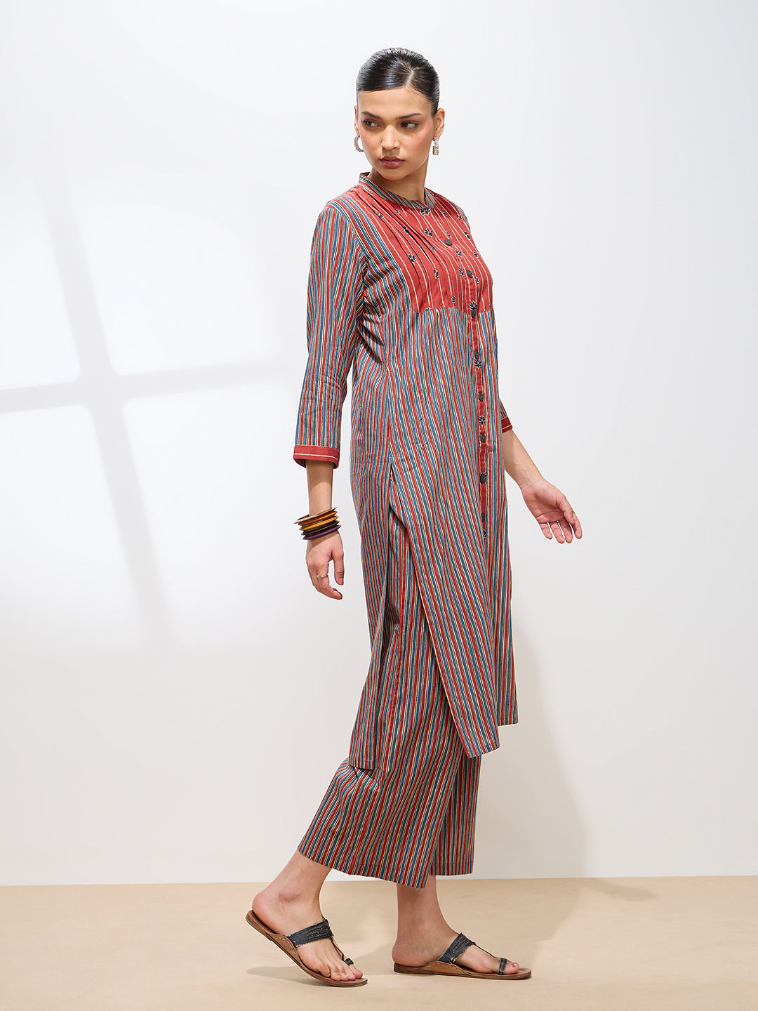 Light Blue Pure Cambric Cotton Printed Striped Straight Kurta Kurta with Pant