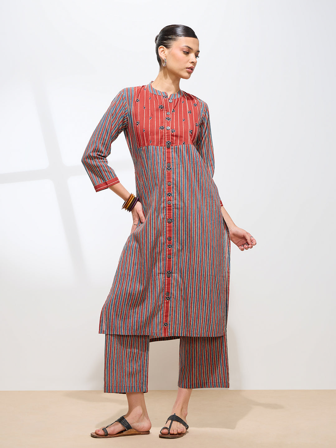 Light Blue Pure Cambric Cotton Printed Striped Straight Kurta Kurta with Pant