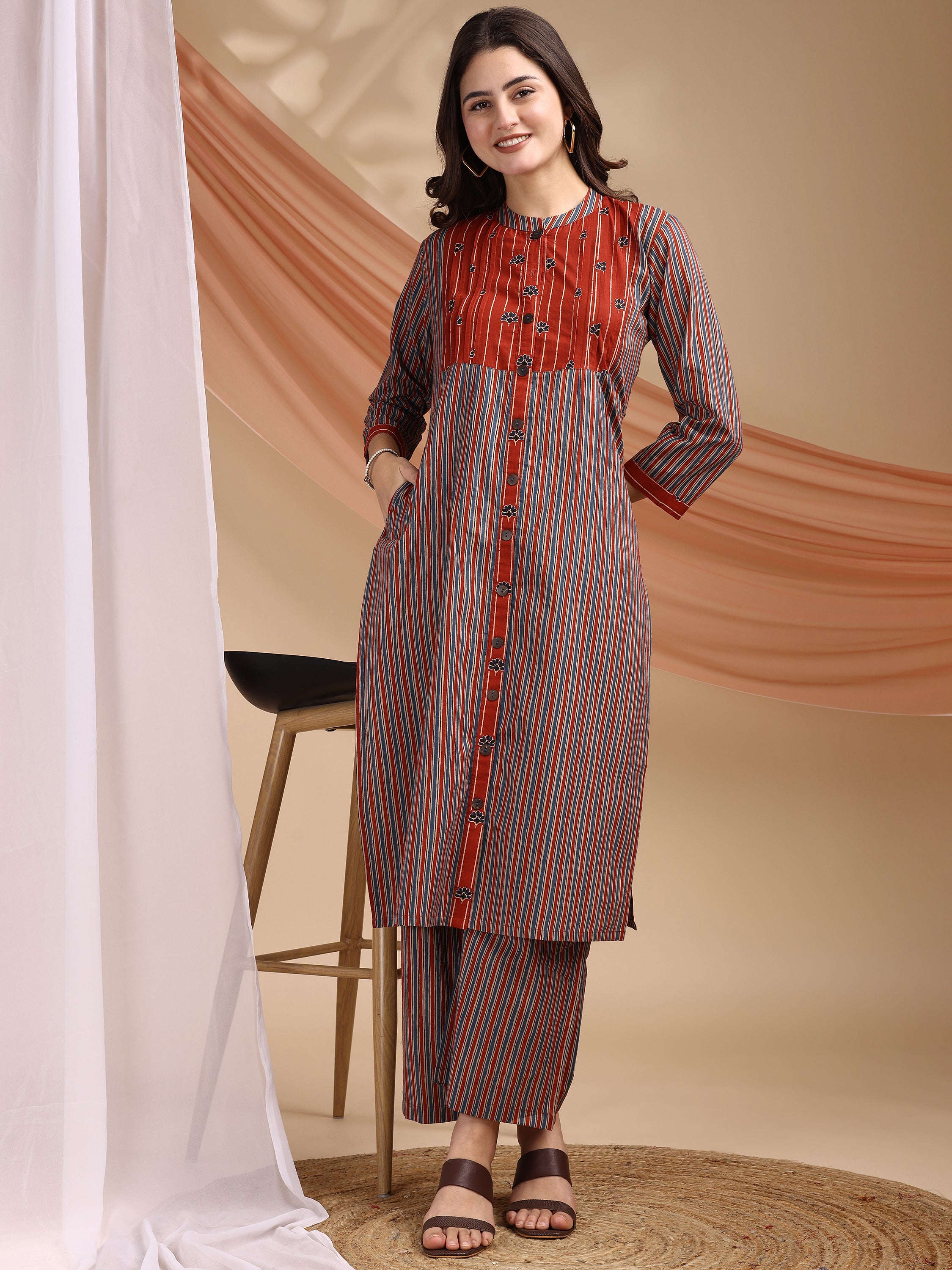 Light Blue Pure Cambric Cotton Printed Striped Straight Kurta Kurta with Pant