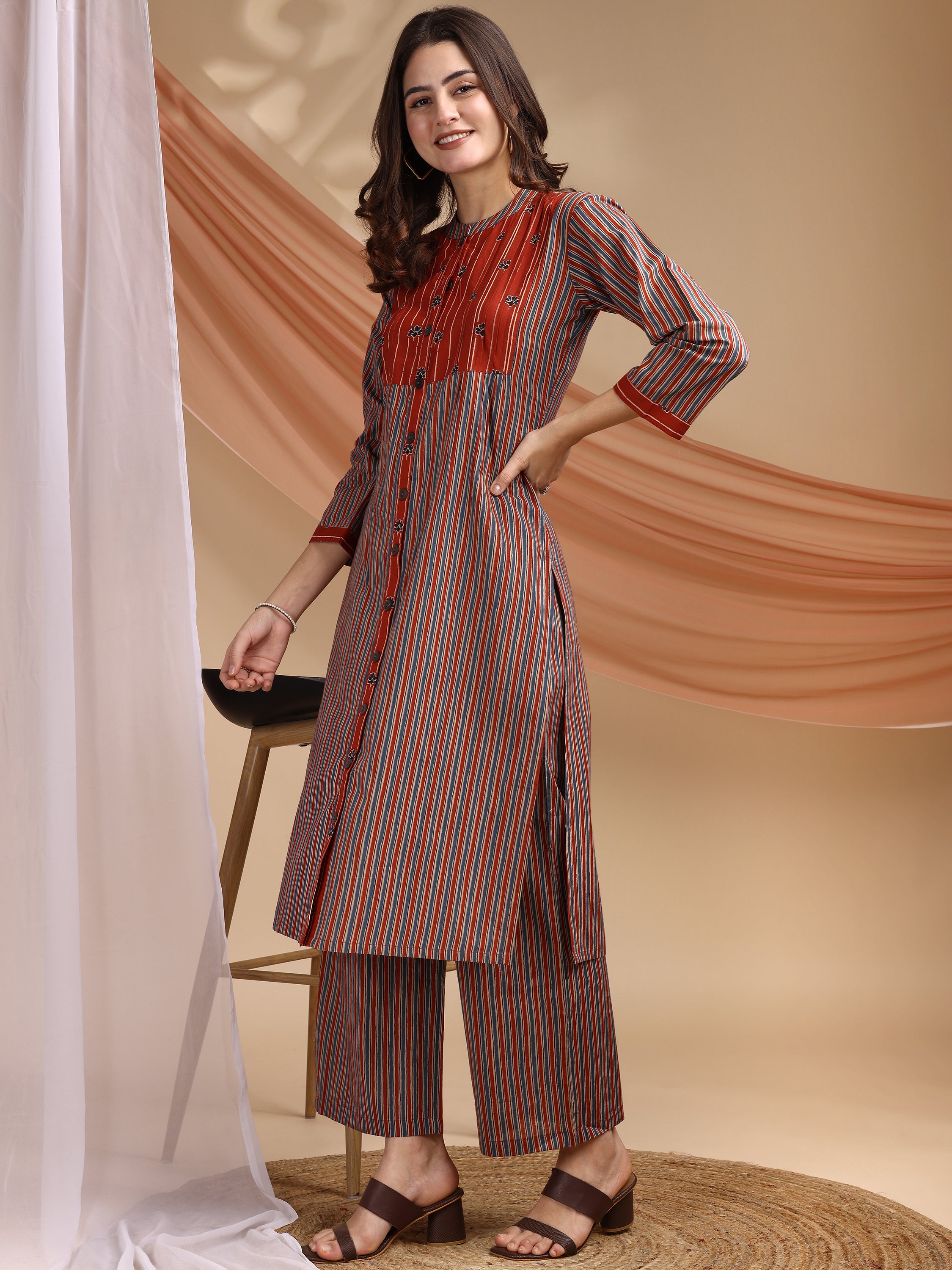 Light Blue Pure Cambric Cotton Printed Striped Straight Kurta Kurta with Pant