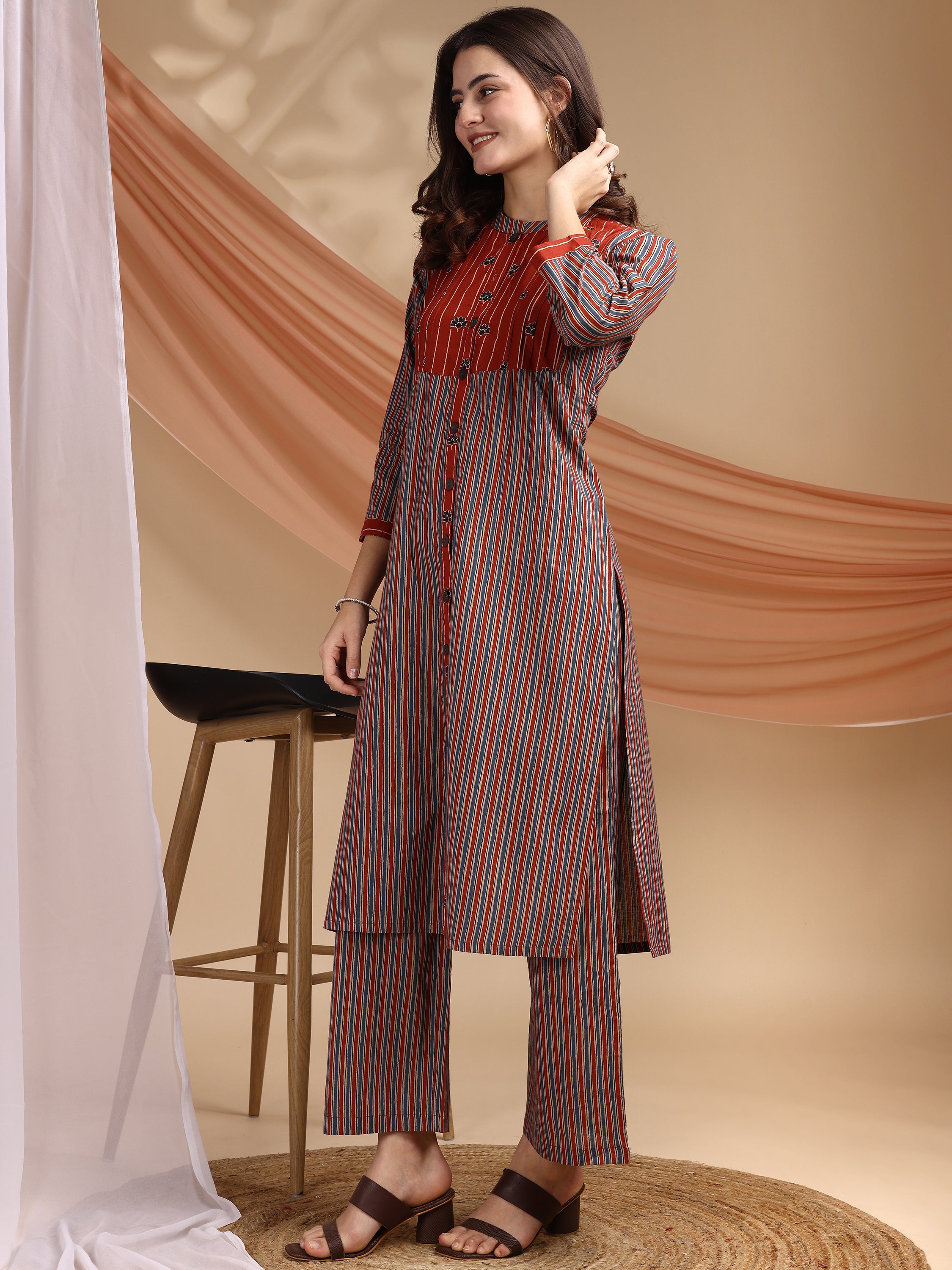 Light Blue Pure Cambric Cotton Printed Striped Straight Kurta Kurta with Pant