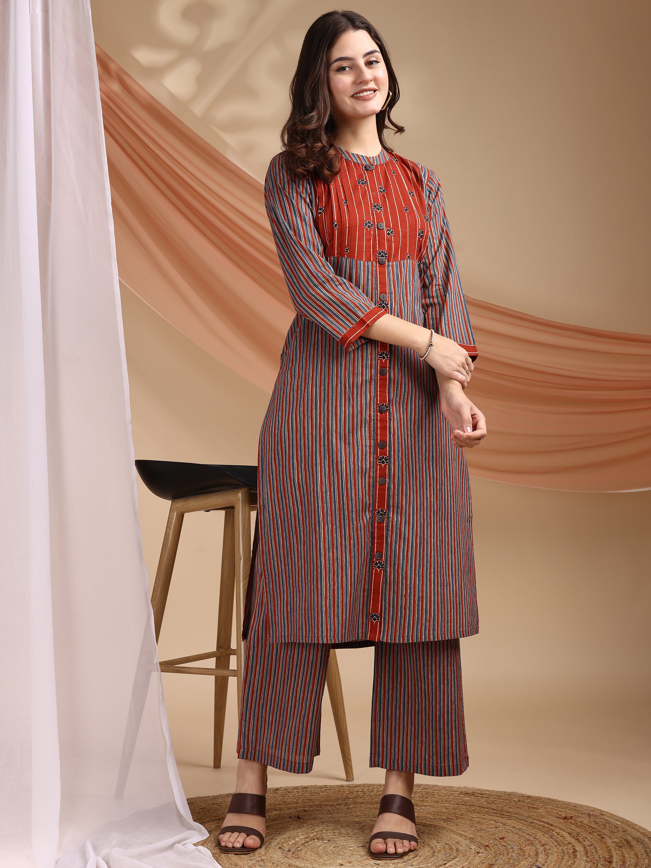 Light Blue Pure Cambric Cotton Printed Striped Straight Kurta Kurta with Pant