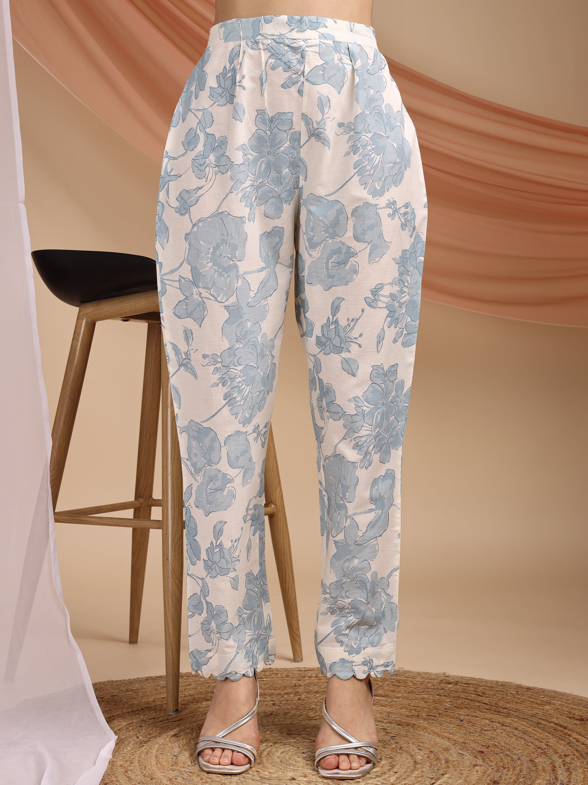 Blue Pure Cambric Cotton Printed Floral Straight Kurta Kurta with Pant