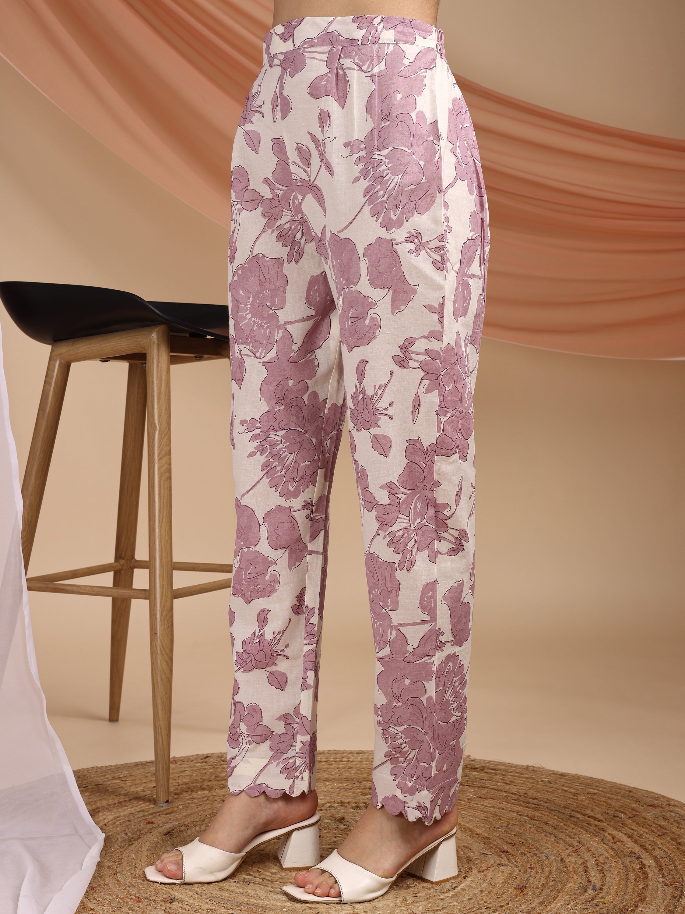 Purple Pure Cambric Cotton Printed Floral Straight Kurta Kurta with Pant