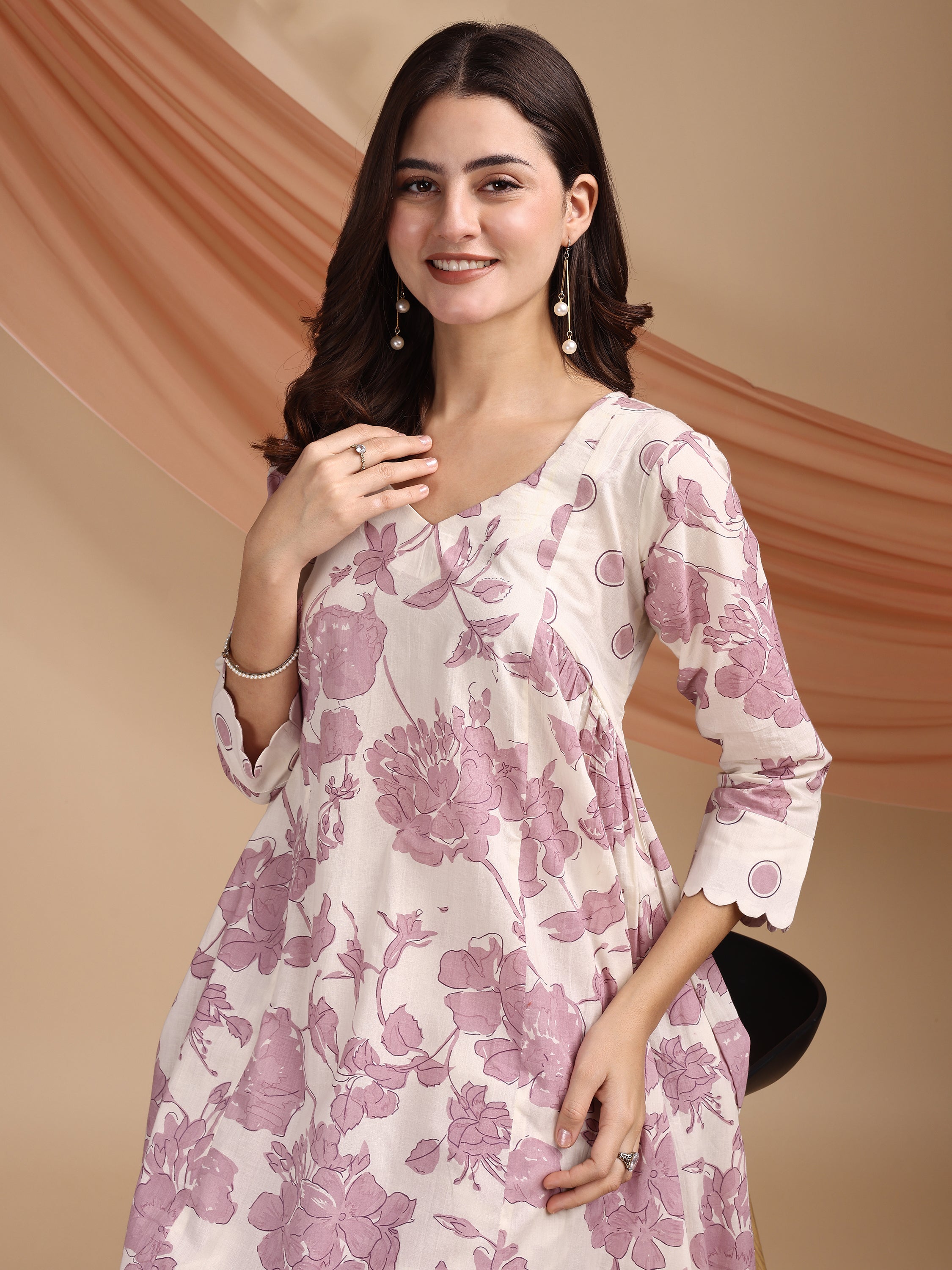 Purple Pure Cambric Cotton Printed Floral Straight Kurta Kurta with Pant