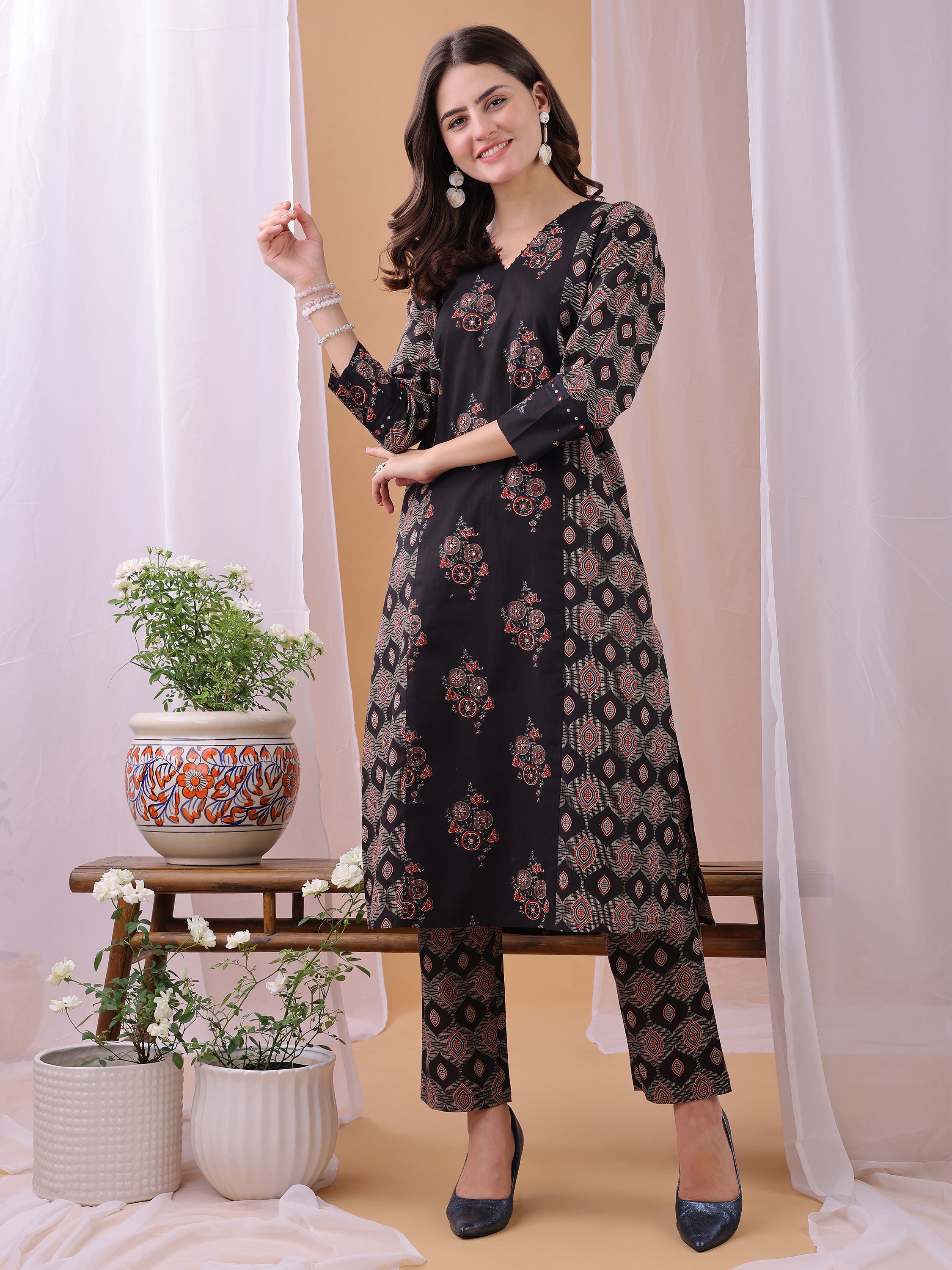 Black Pure Cambric Cotton Printed Ajrakh Print Straight Kurta Kurta with Pant