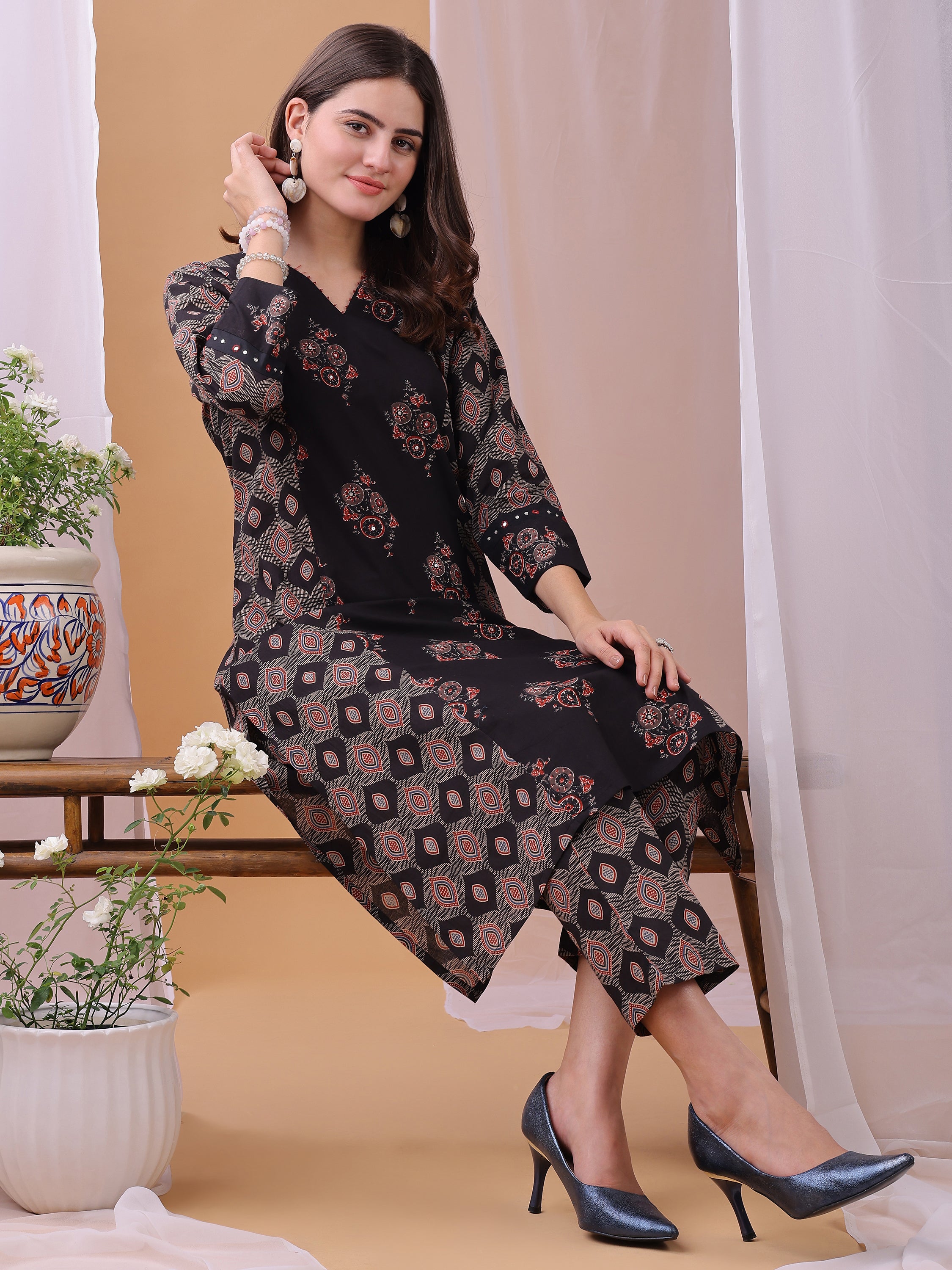 Black Pure Cambric Cotton Printed Ajrakh Print Straight Kurta Kurta with Pant