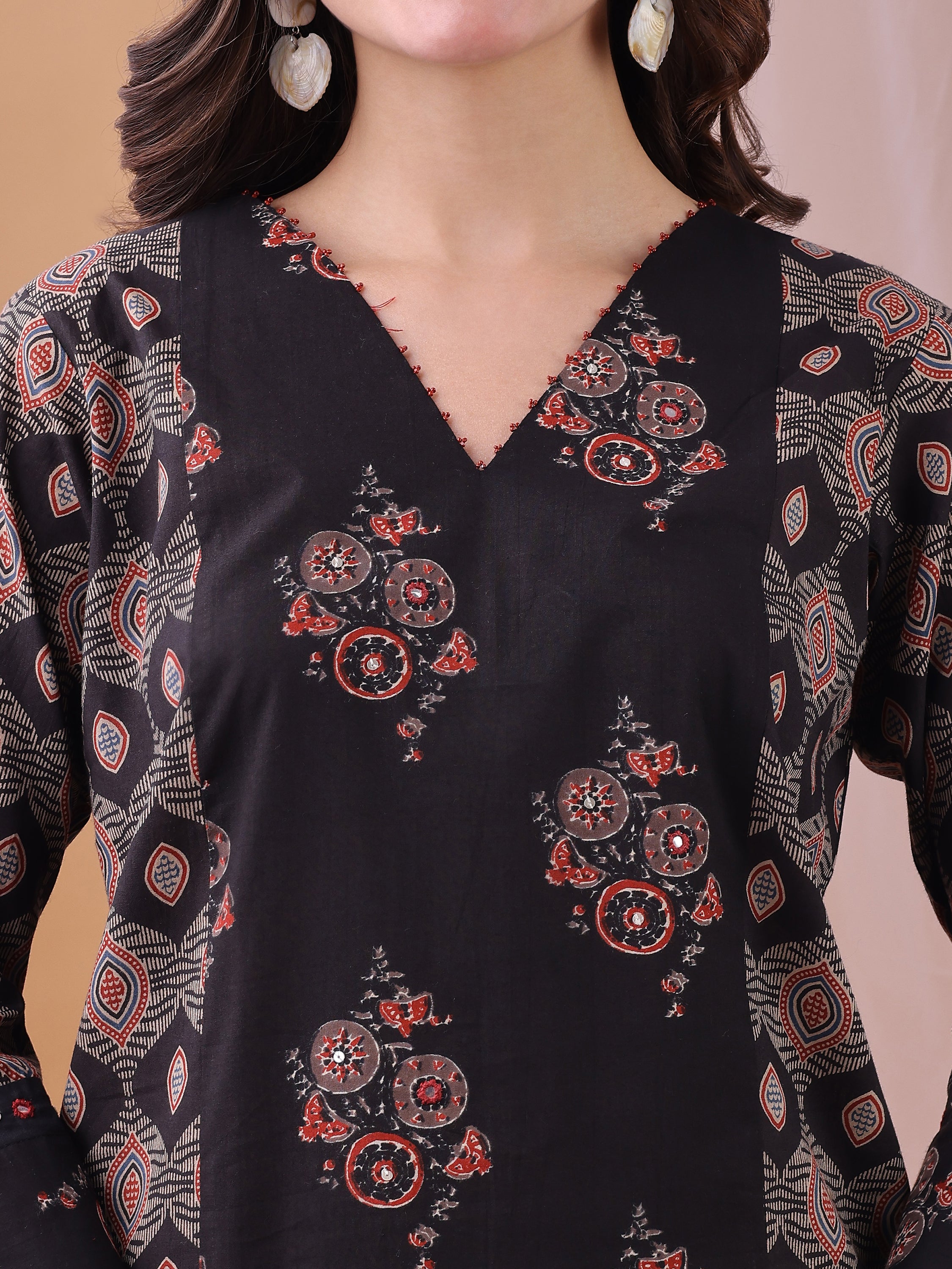 Black Pure Cambric Cotton Printed Ajrakh Print Straight Kurta Kurta with Pant