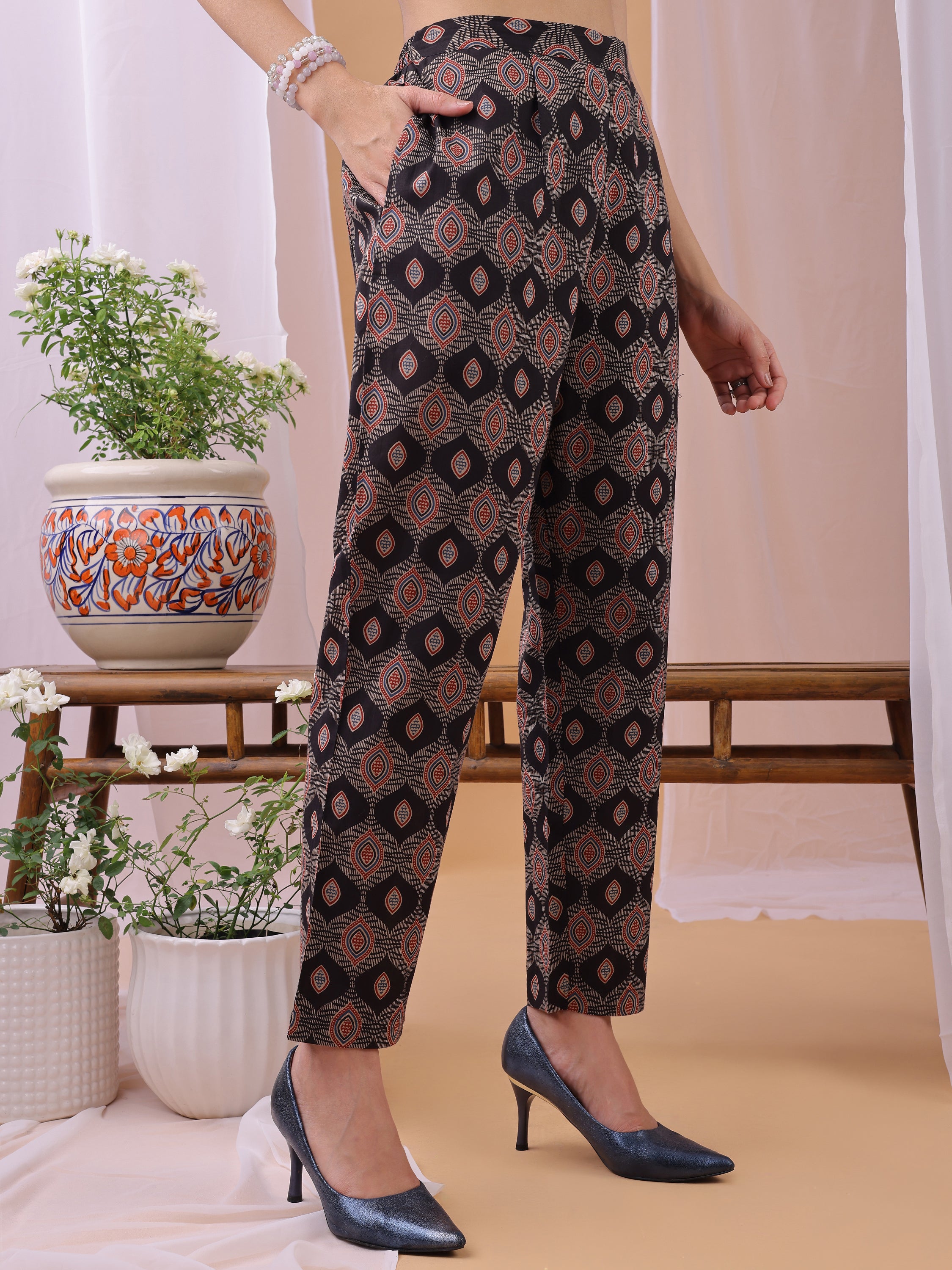 Black Pure Cambric Cotton Printed Ajrakh Print Straight Kurta Kurta with Pant