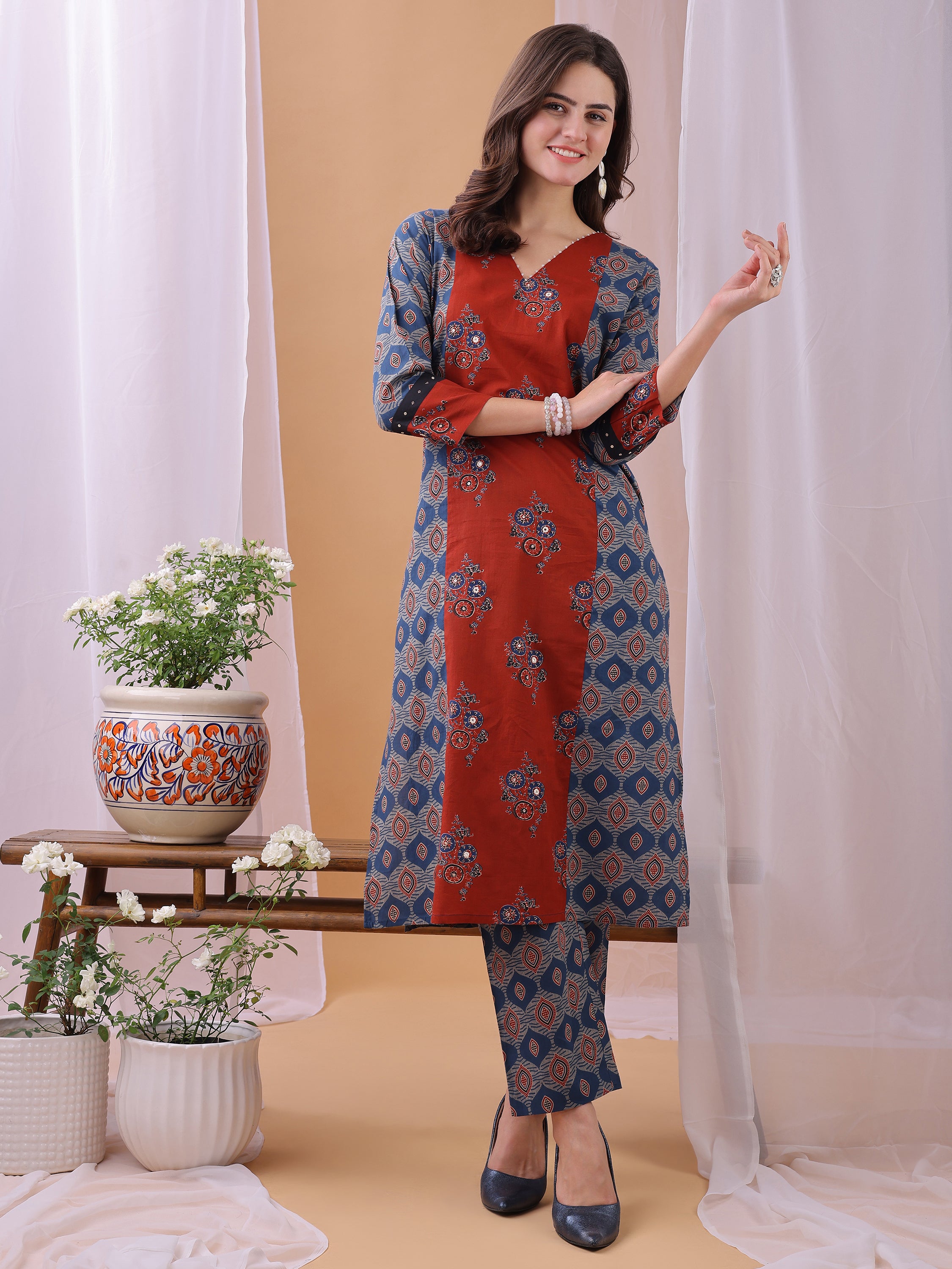 Blue Pure Cambric Cotton Printed Ajrakh Print Straight Kurta Kurta with Pant