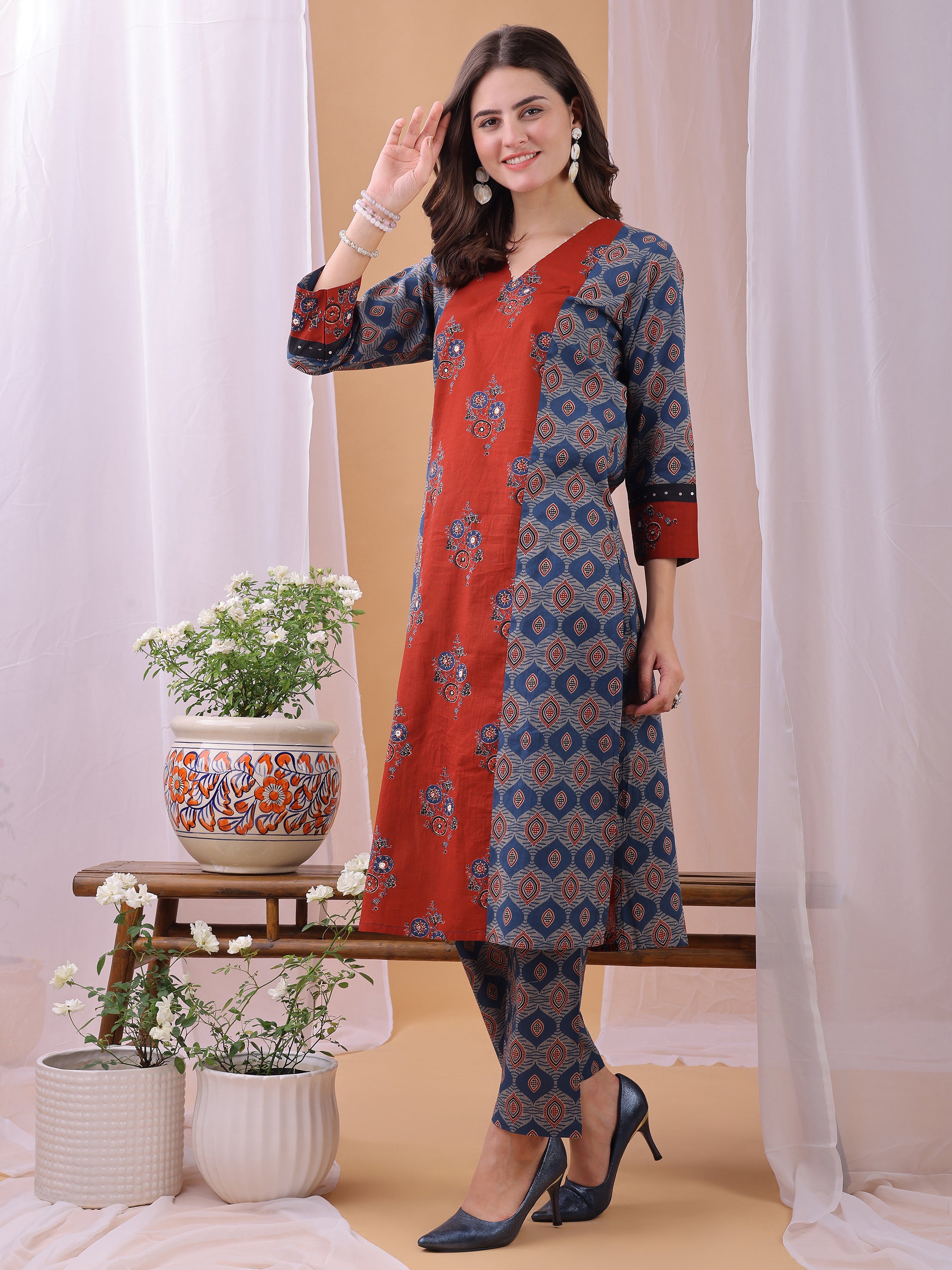 Blue Pure Cambric Cotton Printed Ajrakh Print Straight Kurta Kurta with Pant