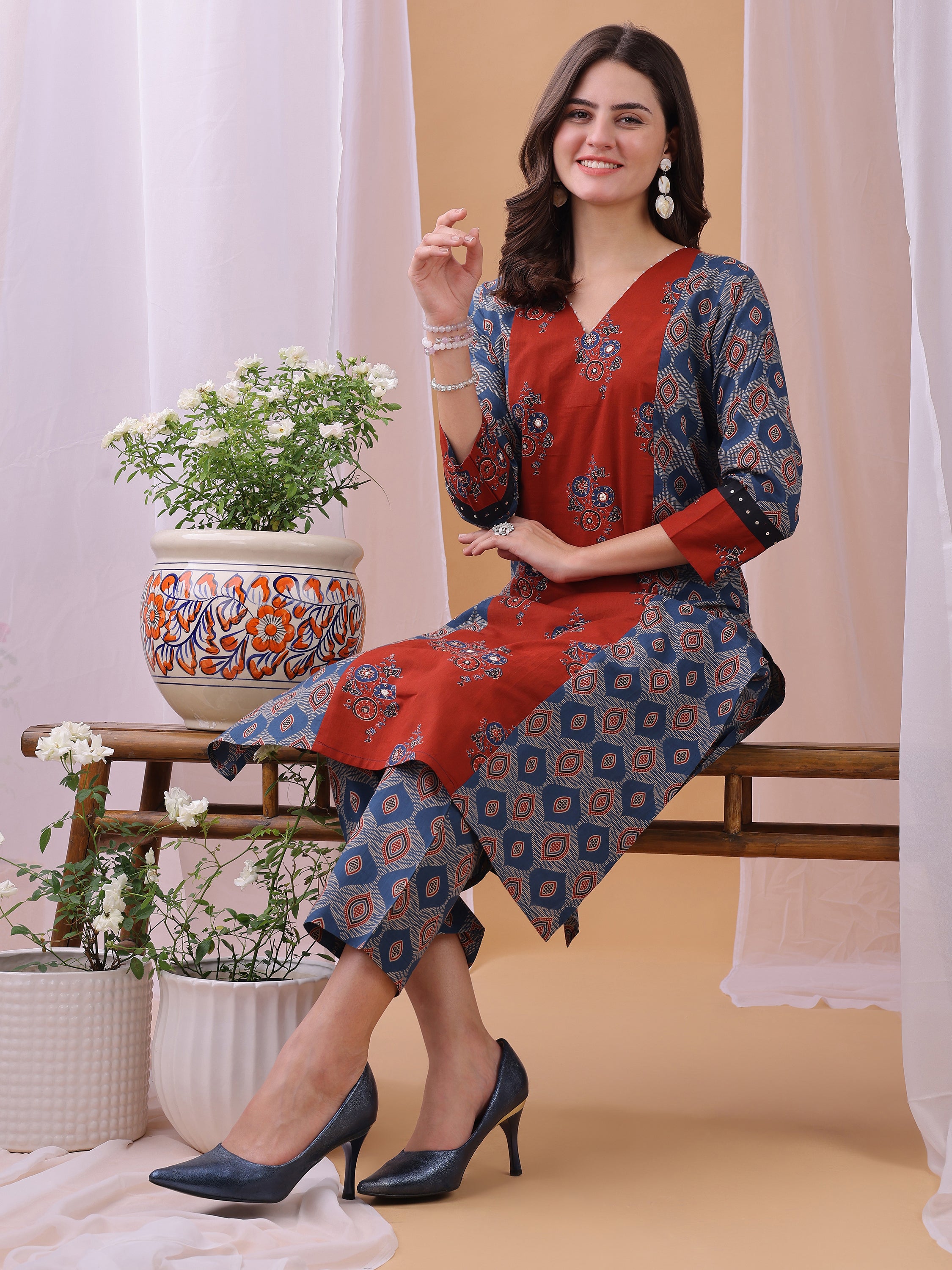 Blue Pure Cambric Cotton Printed Ajrakh Print Straight Kurta Kurta with Pant