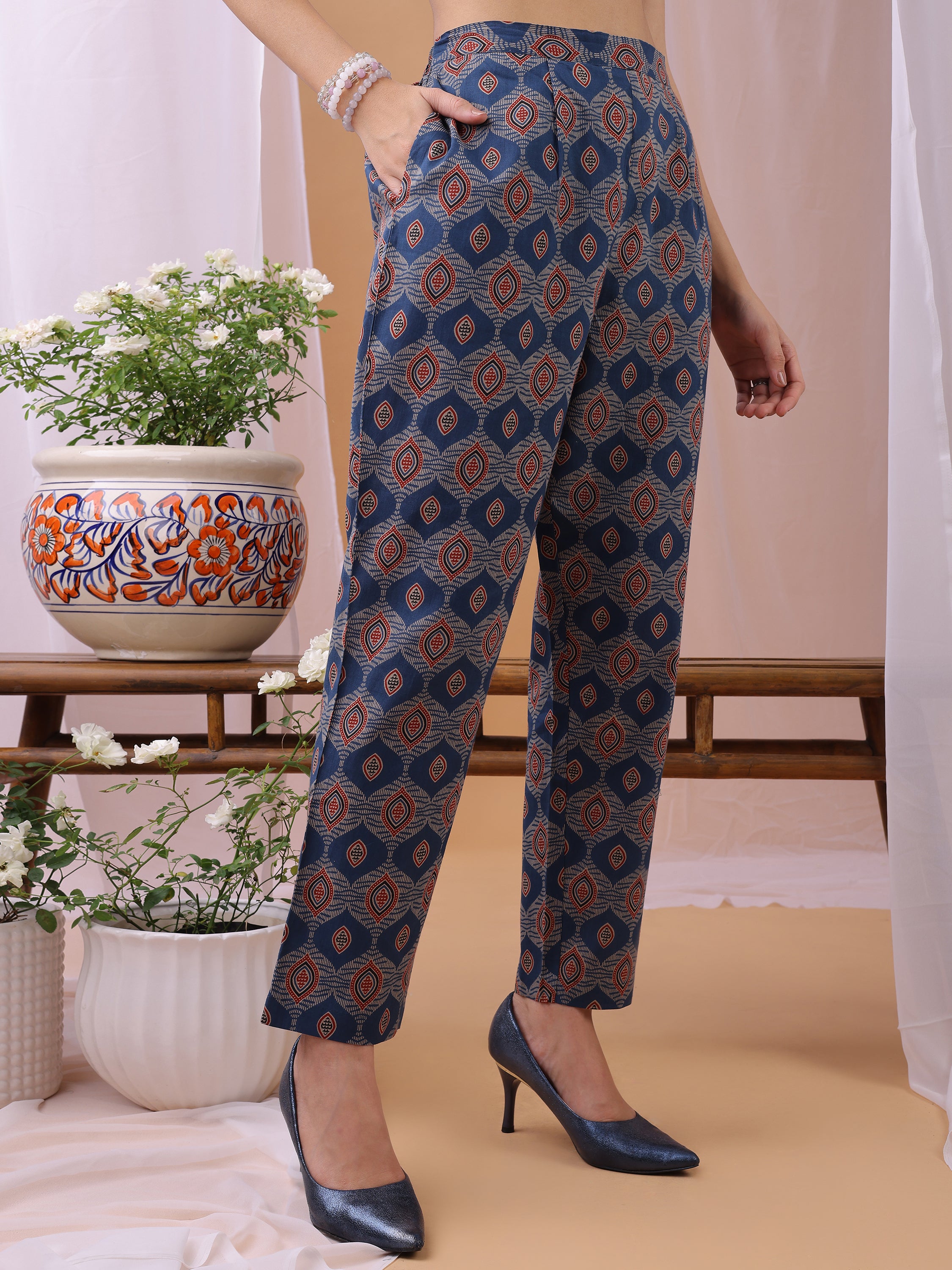 Blue Pure Cambric Cotton Printed Ajrakh Print Straight Kurta Kurta with Pant