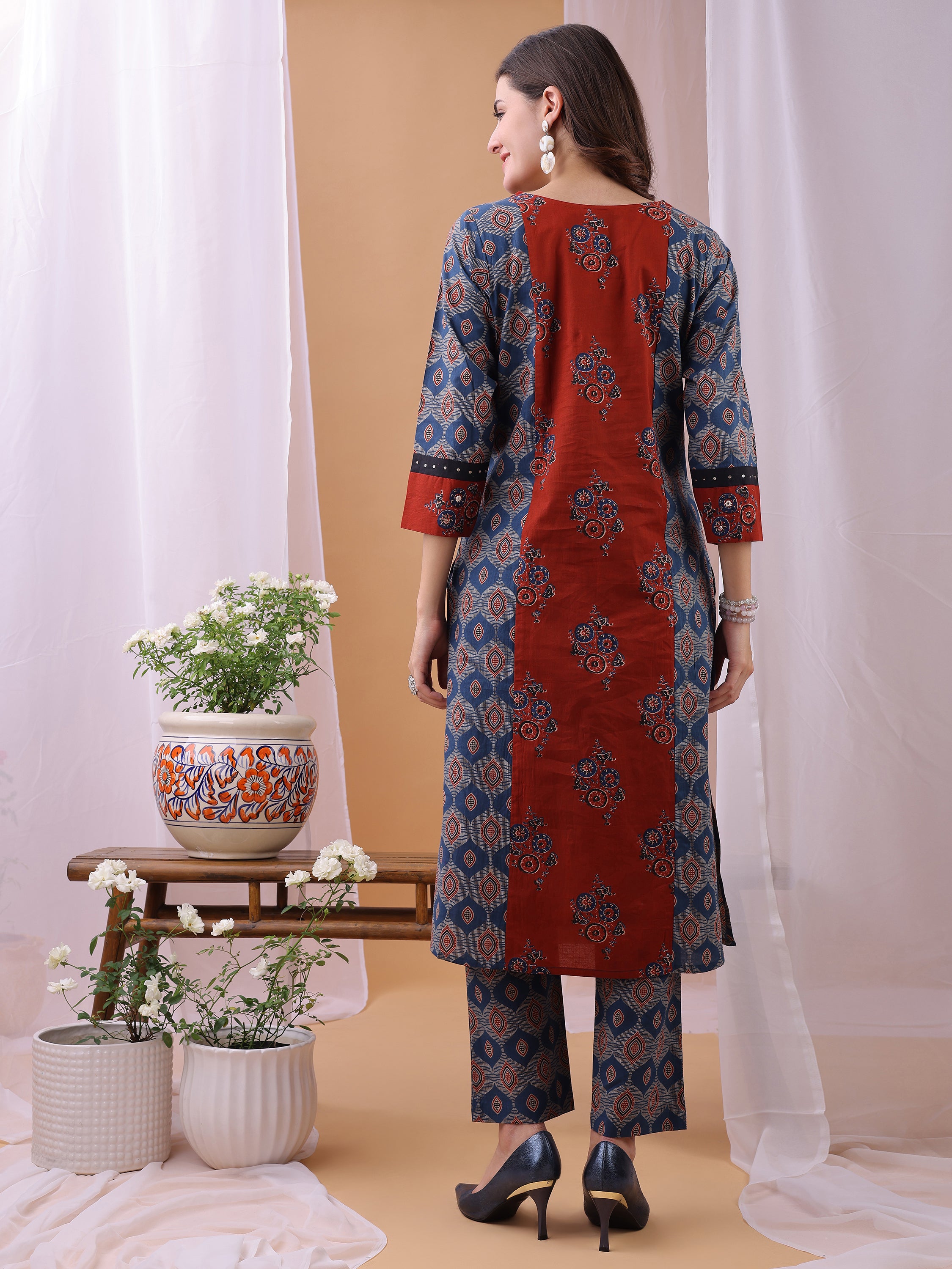 Blue Pure Cambric Cotton Printed Ajrakh Print Straight Kurta Kurta with Pant