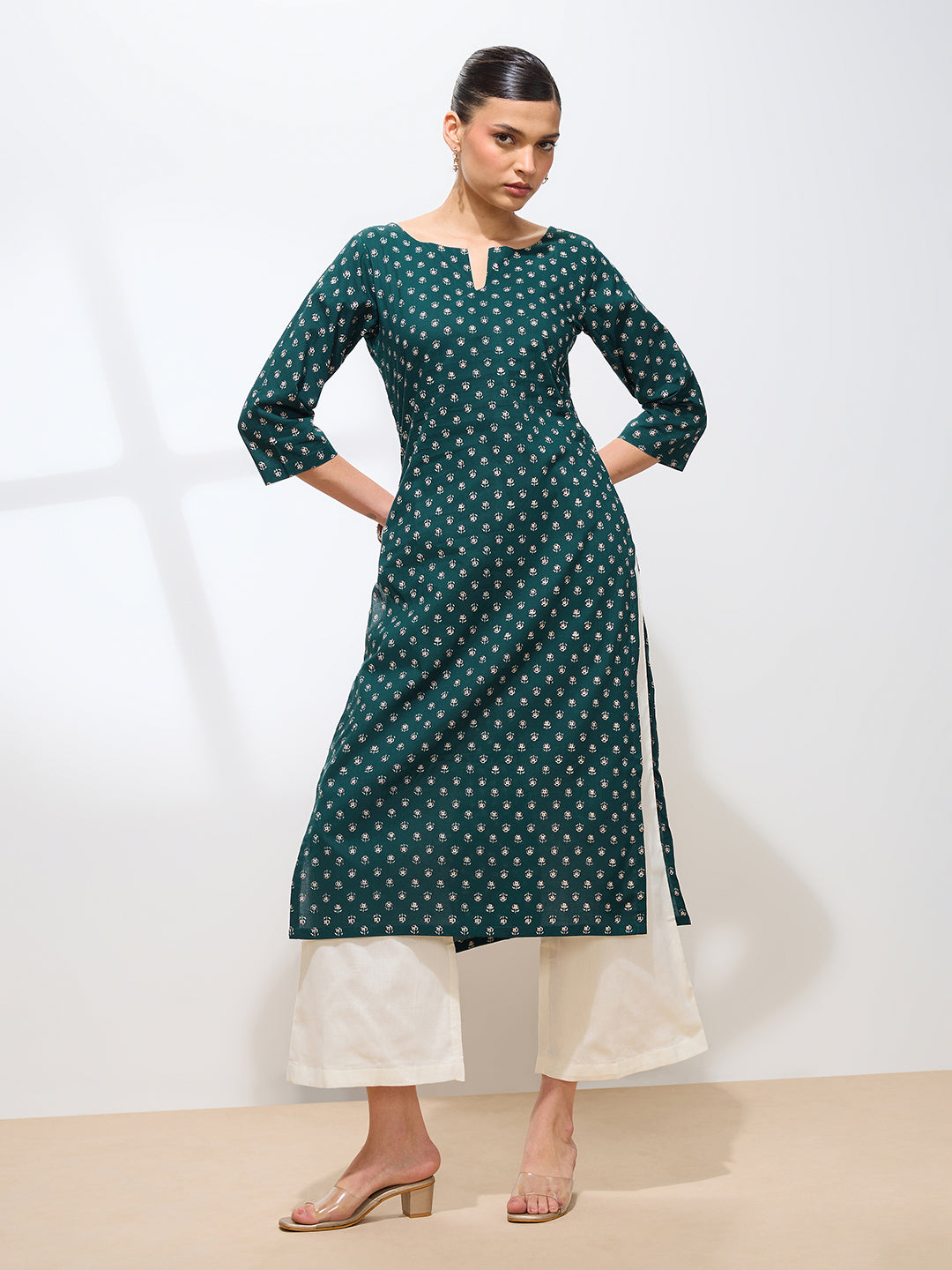 Graceful Teal Printed Floral Cotton Kurta