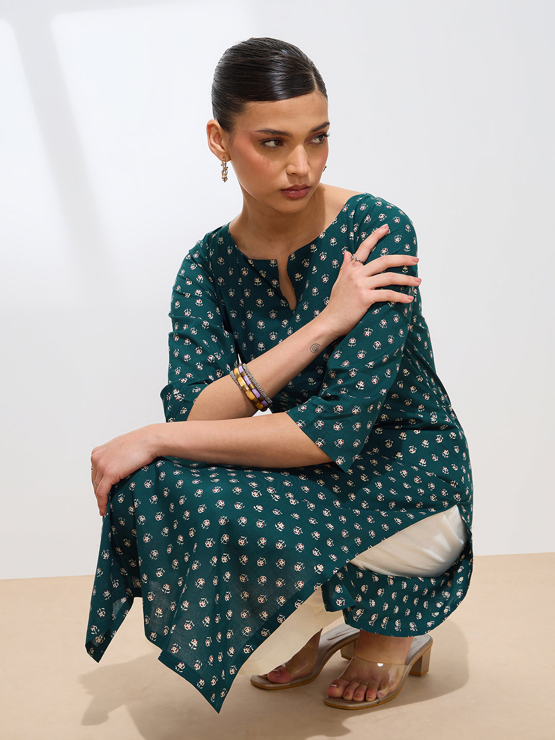 Graceful Teal Printed Floral Cotton Kurta