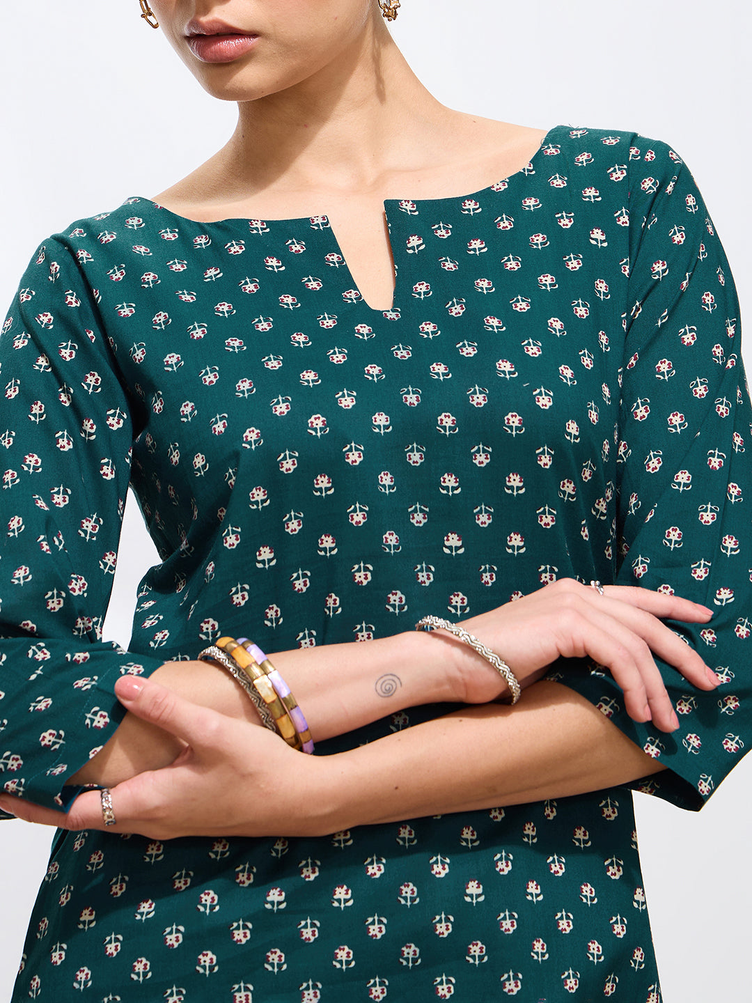 Graceful Teal Printed Floral Cotton Kurta