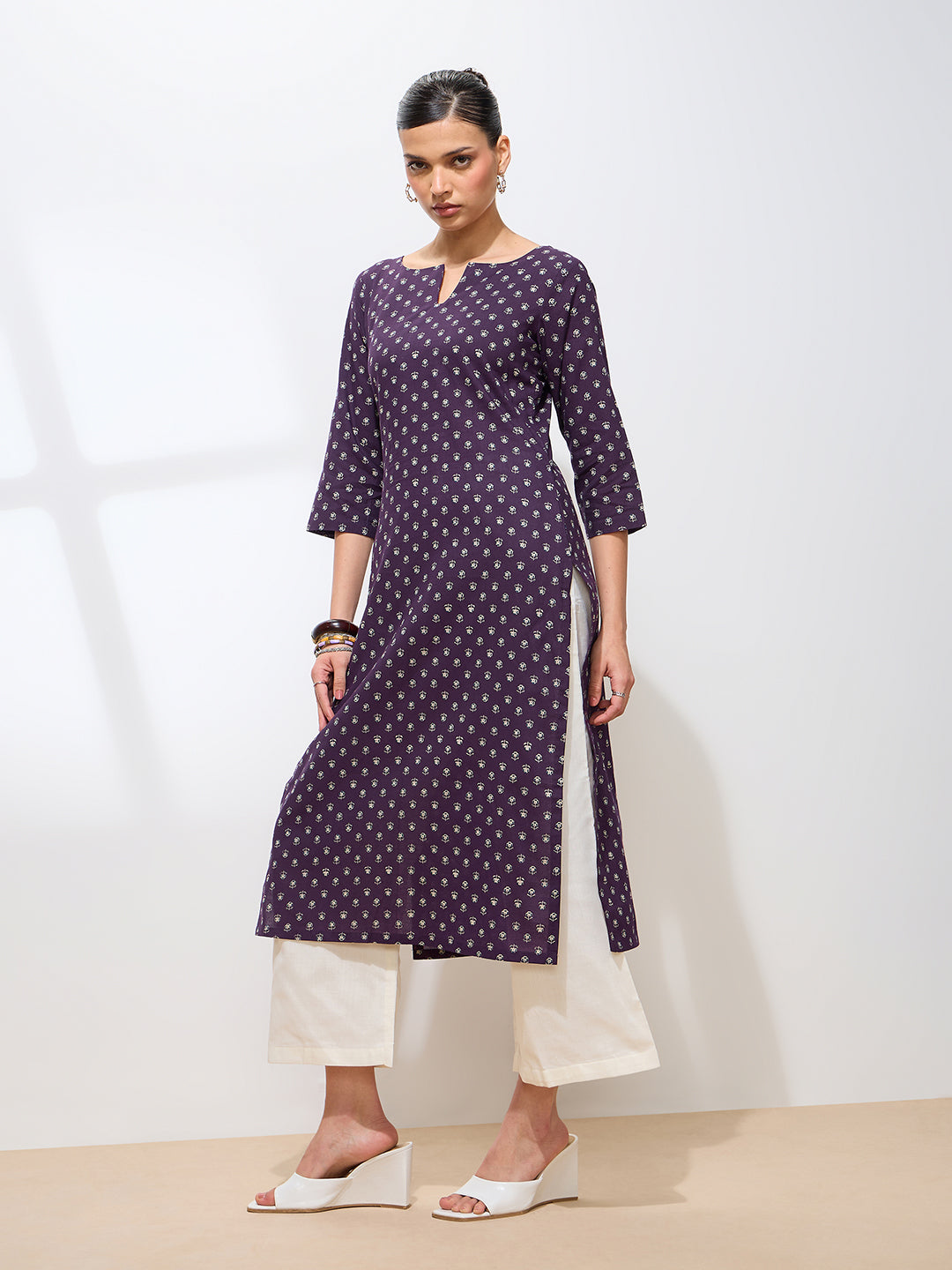 Graceful Violet Printed Floral Cotton Kurta