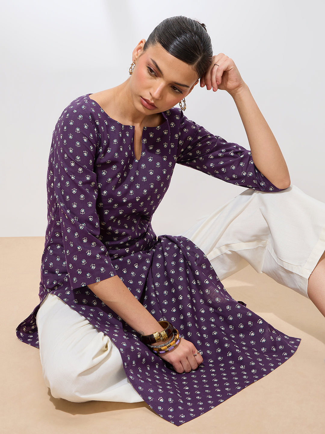 Graceful Violet Printed Floral Cotton Kurta