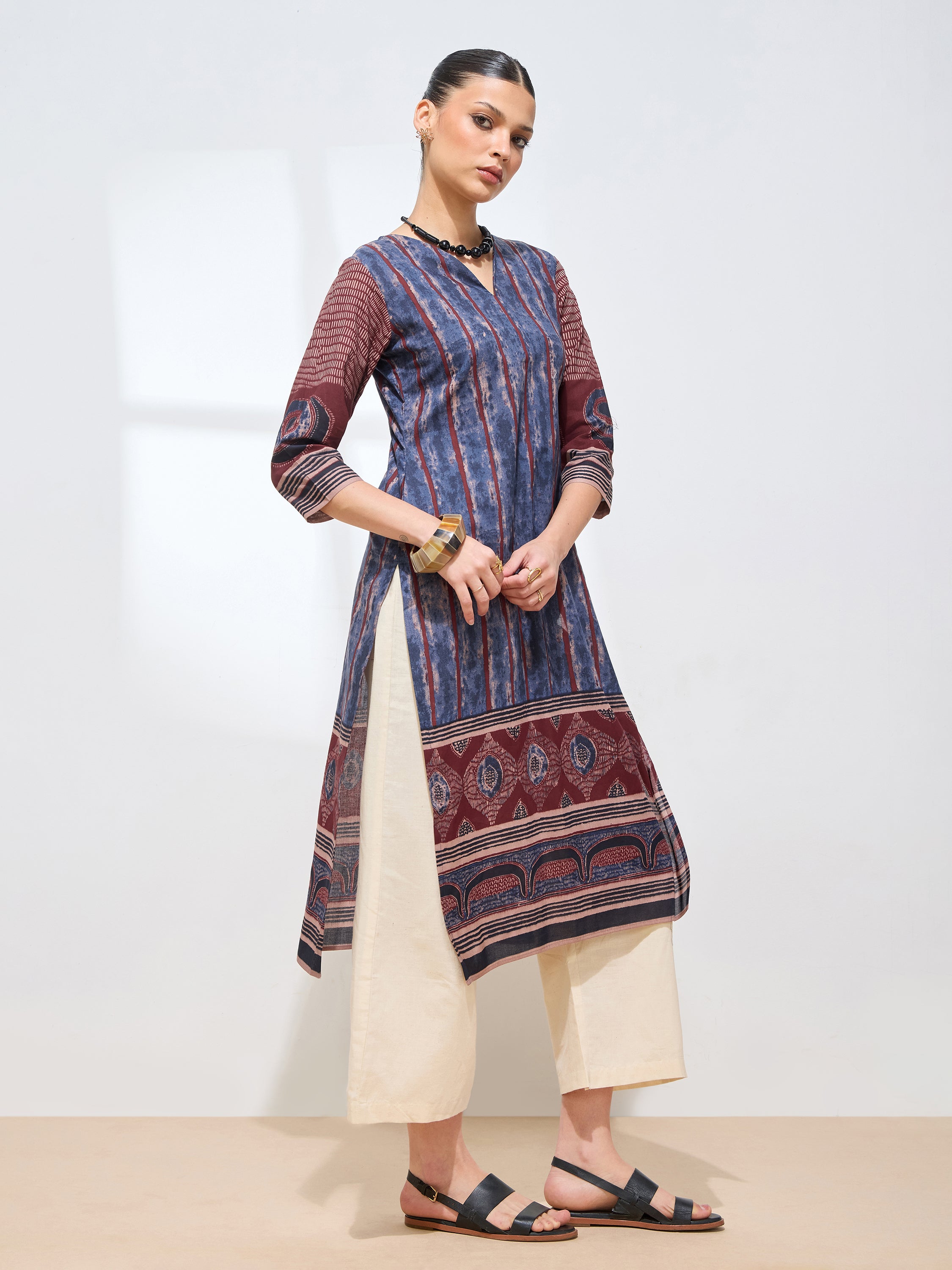 Graceful Blue Batki & ajrakh Printed Cotton Kurta
