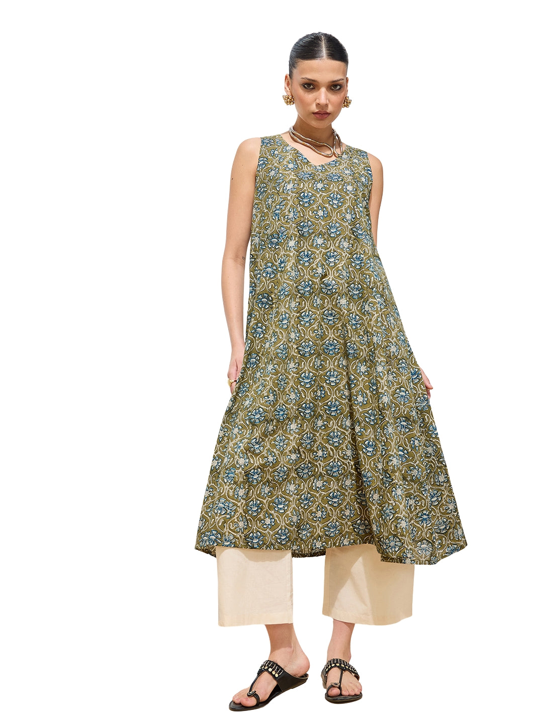 Women’s Floral Green Printed Pure Cotton A-Line Kurta || Sleevless Flared Kurta for Women|| Festive wear Kurta || Long Kurta For Women