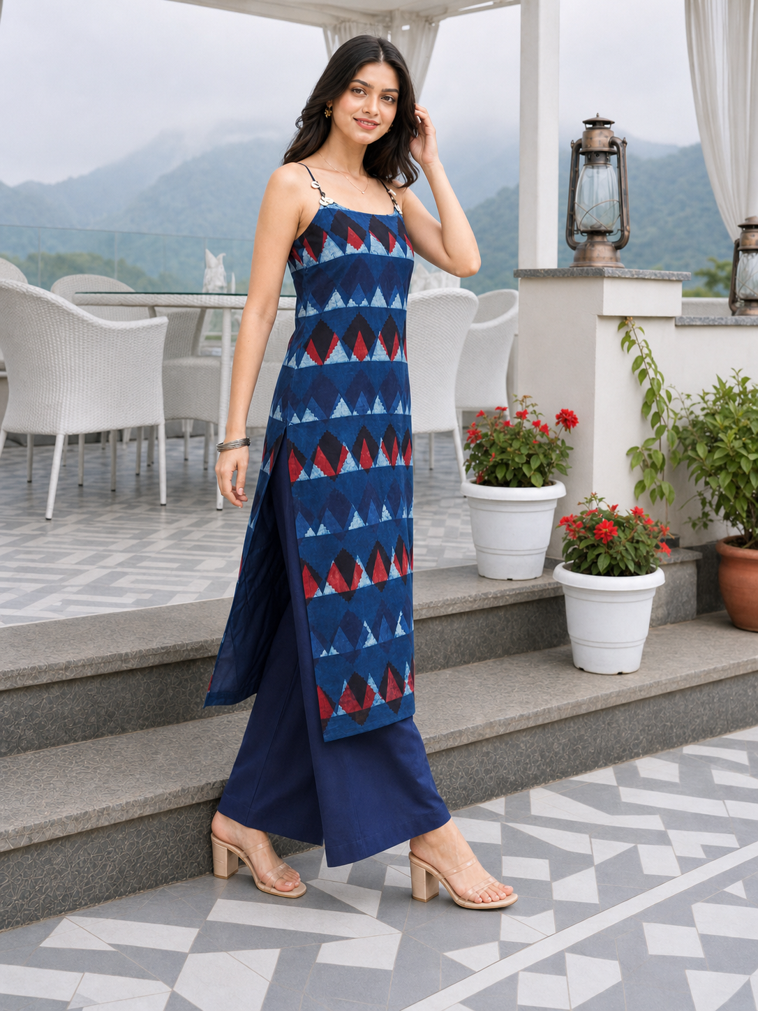 Women’s Blue Printed Pure Cotton Straight Kurta with Strap|| Sleevless Kurta with Side Slite