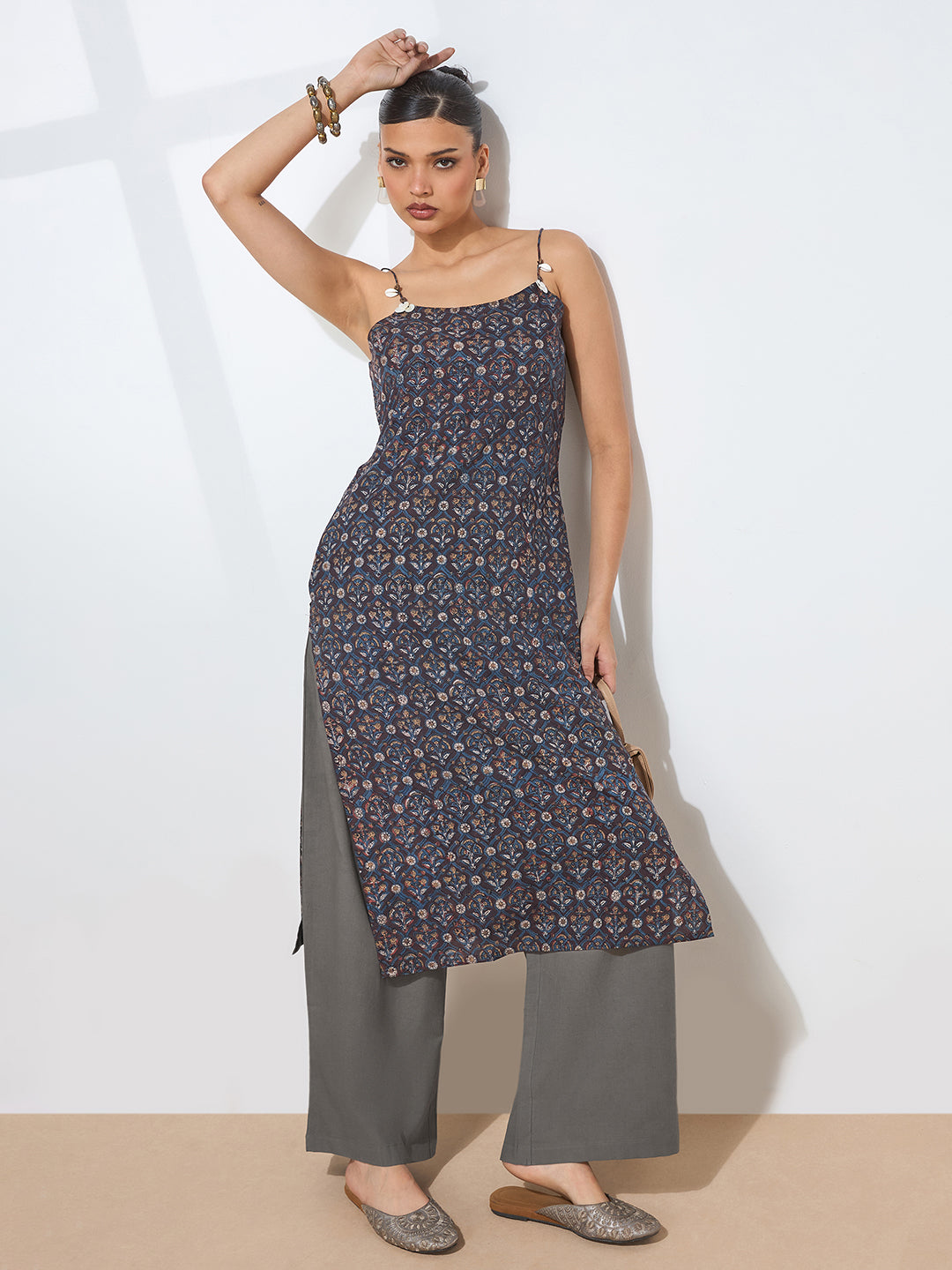 Women’s Brown Printed Pure Cotton Straight Kurta with Strap|| Sleevless Kurta with Side Slite