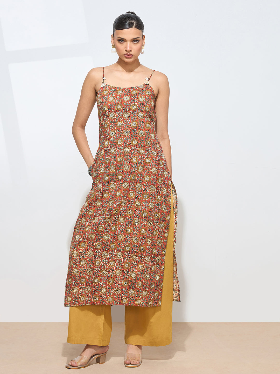 Women’s Red Printed Pure Cotton Straight Kurta with Strap|| Sleevless Kurta with Side Slite