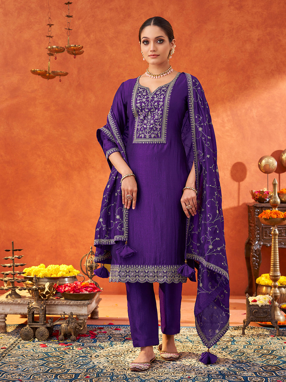 Women's Purple Silk Blend Embroidered Kurta set with dupatta