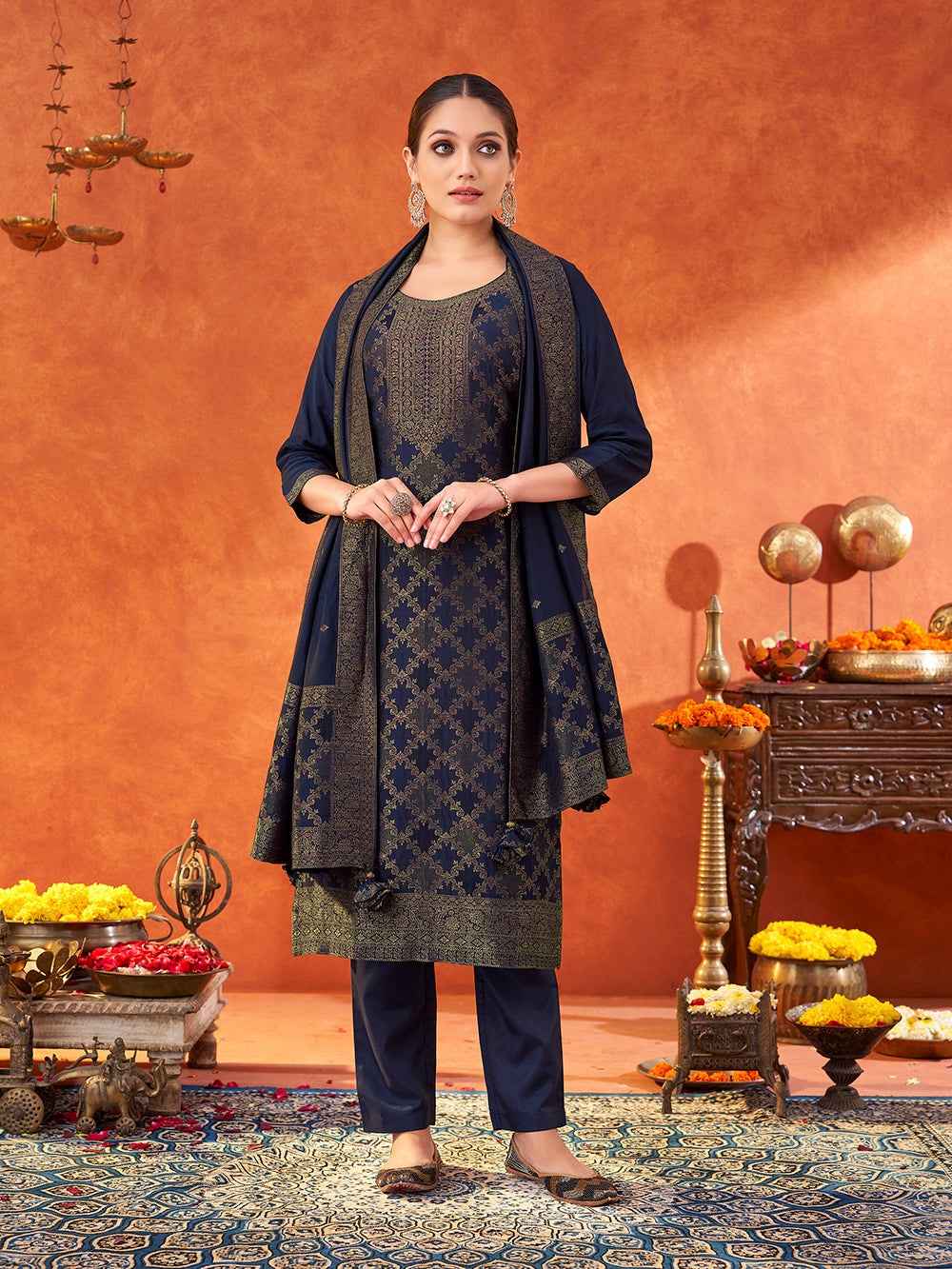 Women's Navy Pure Muslin Woven Jacquard Kurta set with dupatta