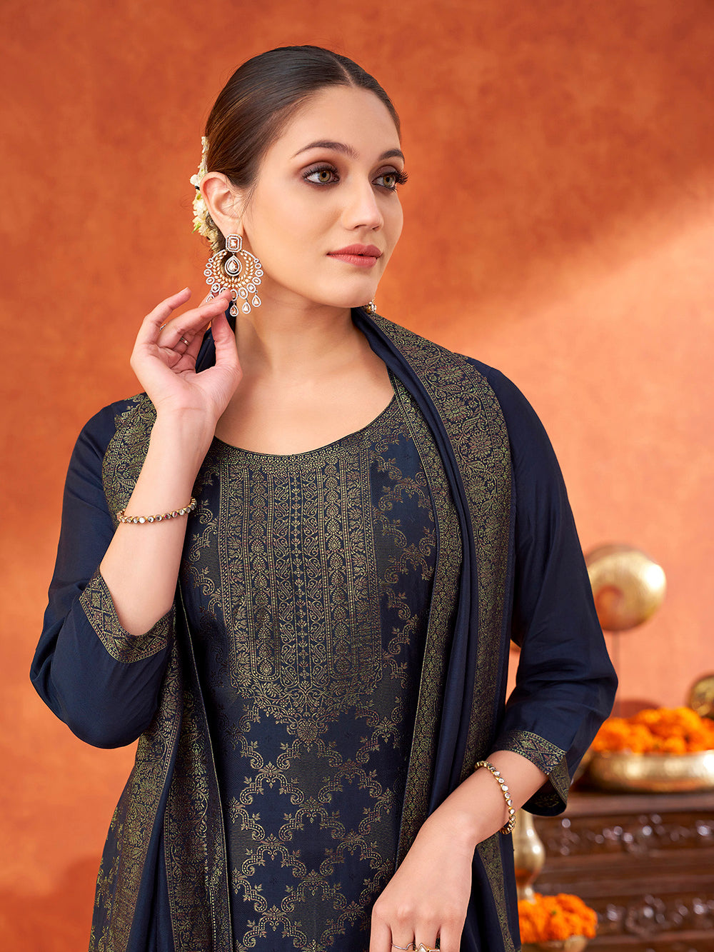 Women's Navy Pure Muslin Woven Jacquard Kurta set with dupatta