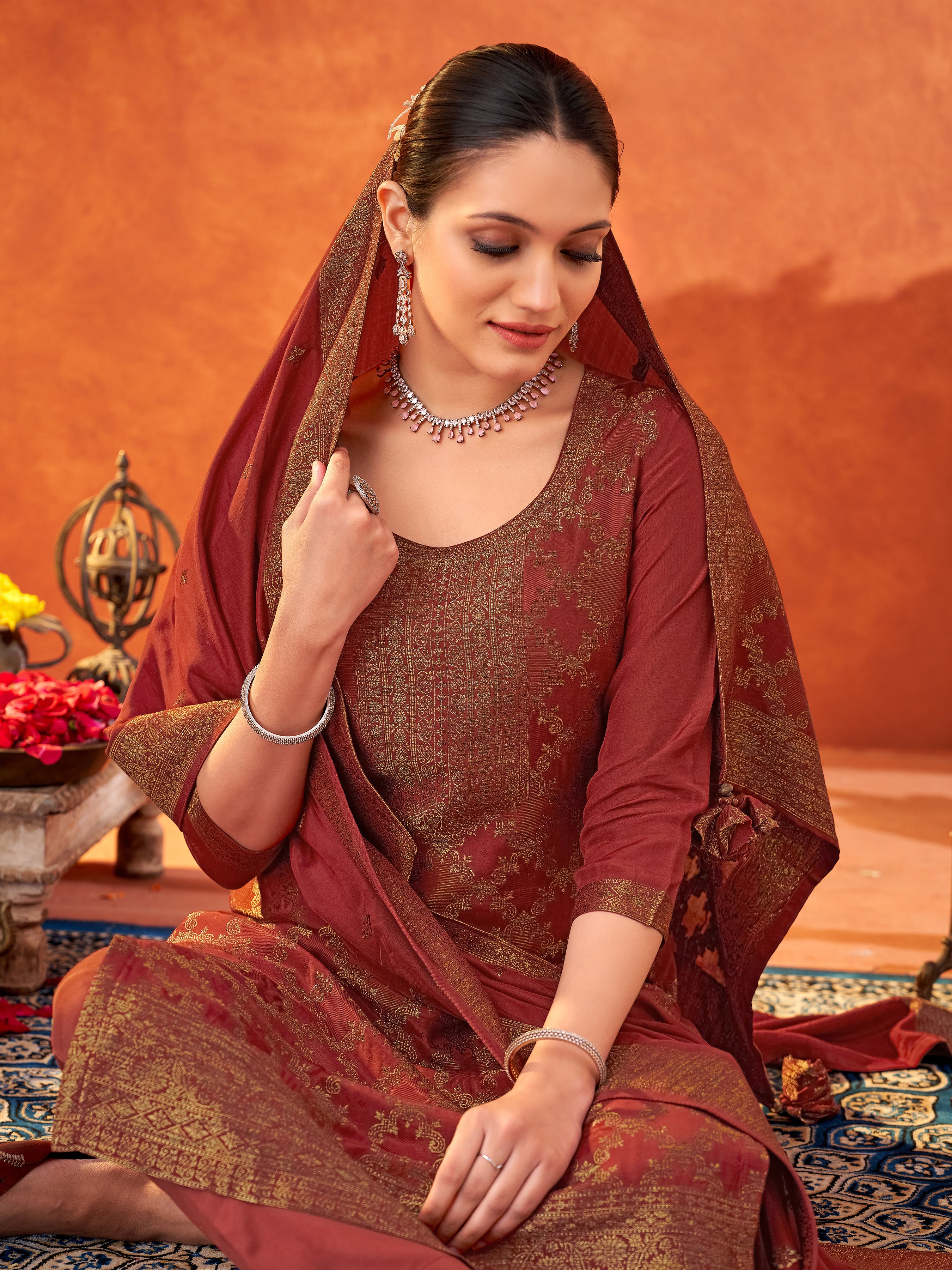 Women's Red Pure Muslin Woven Jacquard Kurta set with dupatta