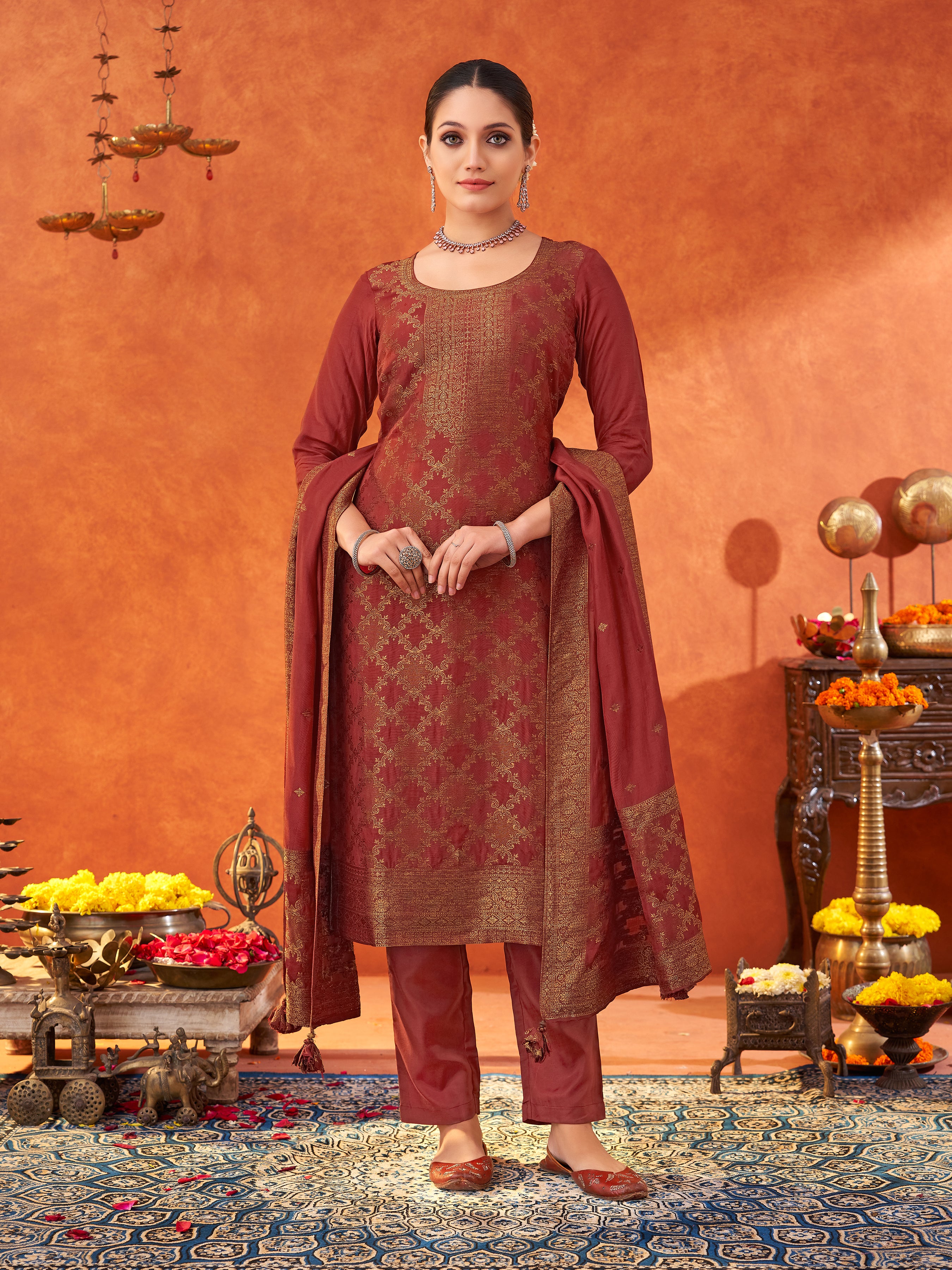 Women's Red Pure Muslin Woven Jacquard Kurta set with dupatta