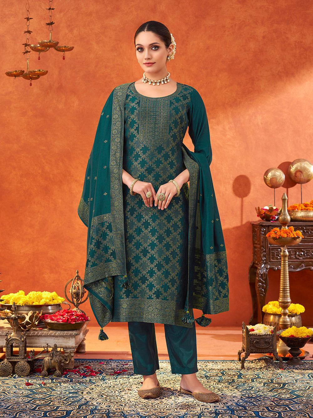 Women's Teal Pure Muslin Woven Jacquard Kurta set with dupatta