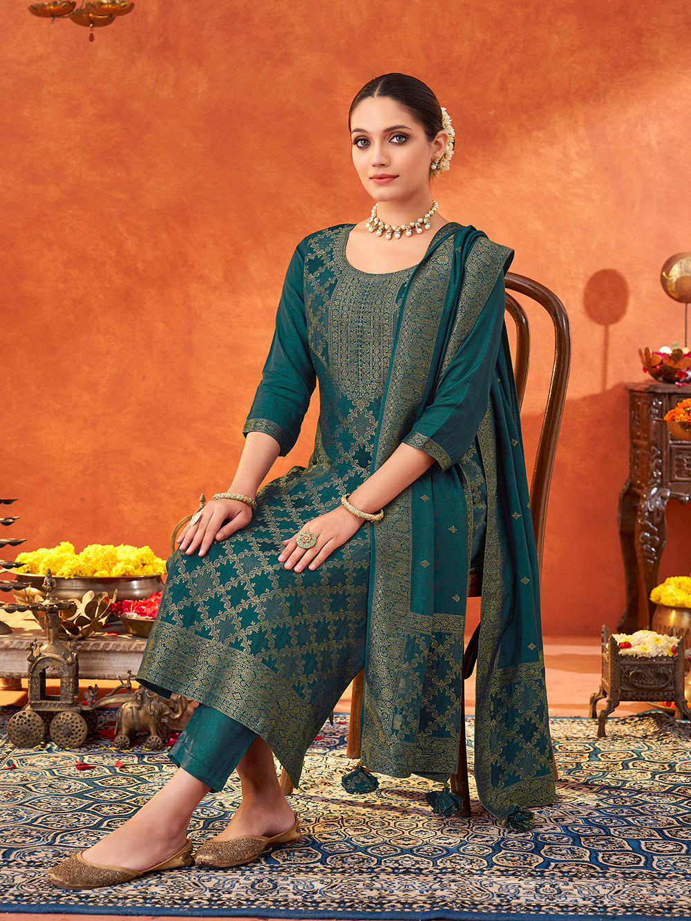 Women's Teal Pure Muslin Woven Jacquard Kurta set with dupatta