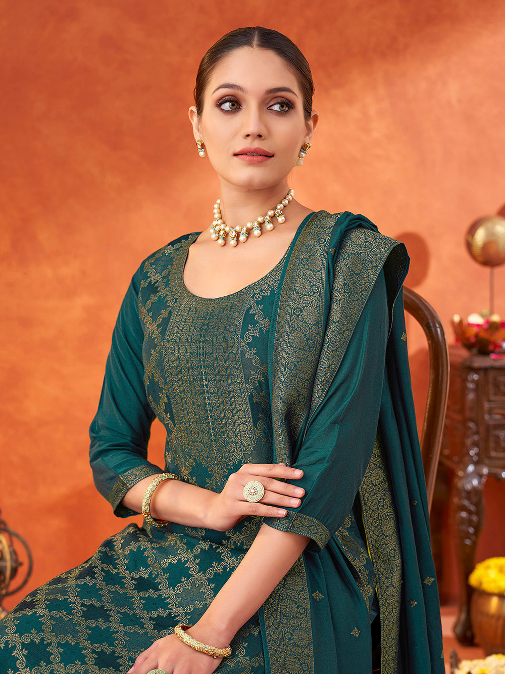 Women's Teal Pure Muslin Woven Jacquard Kurta set with dupatta