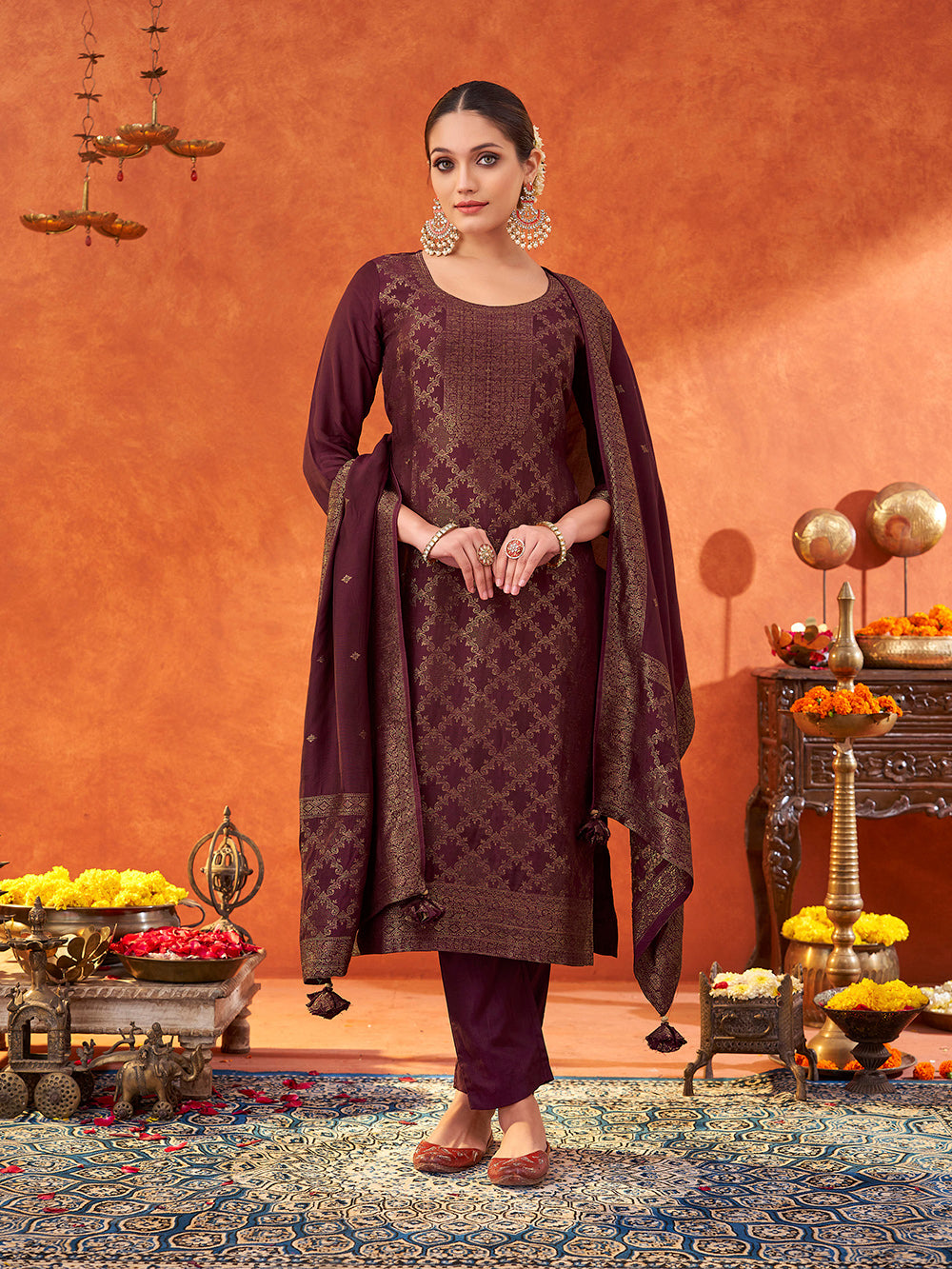 Women's Wine Pure Muslin Woven Jacquard Kurta set with dupatta