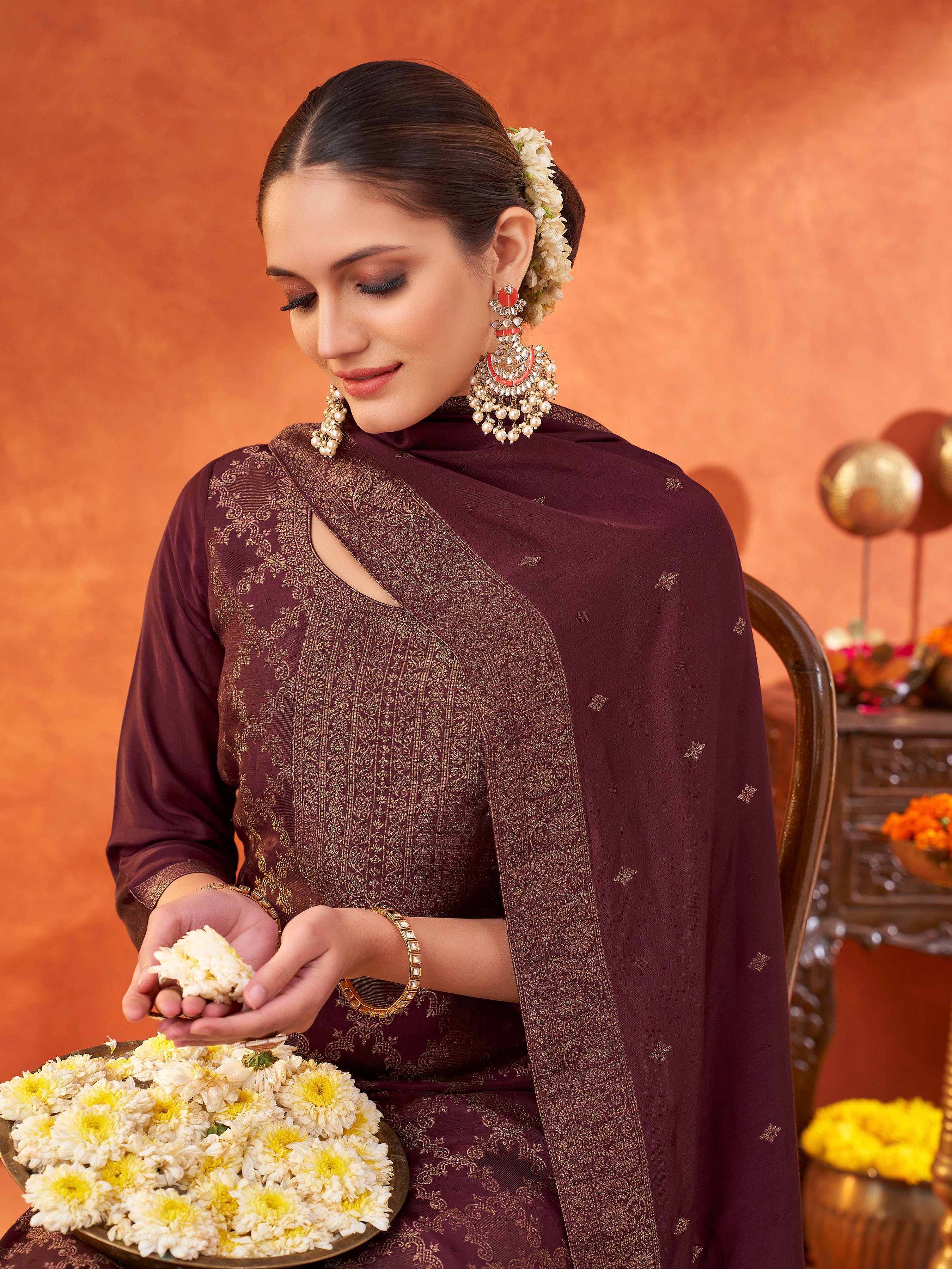 Women's Wine Pure Muslin Woven Jacquard Kurta set with dupatta