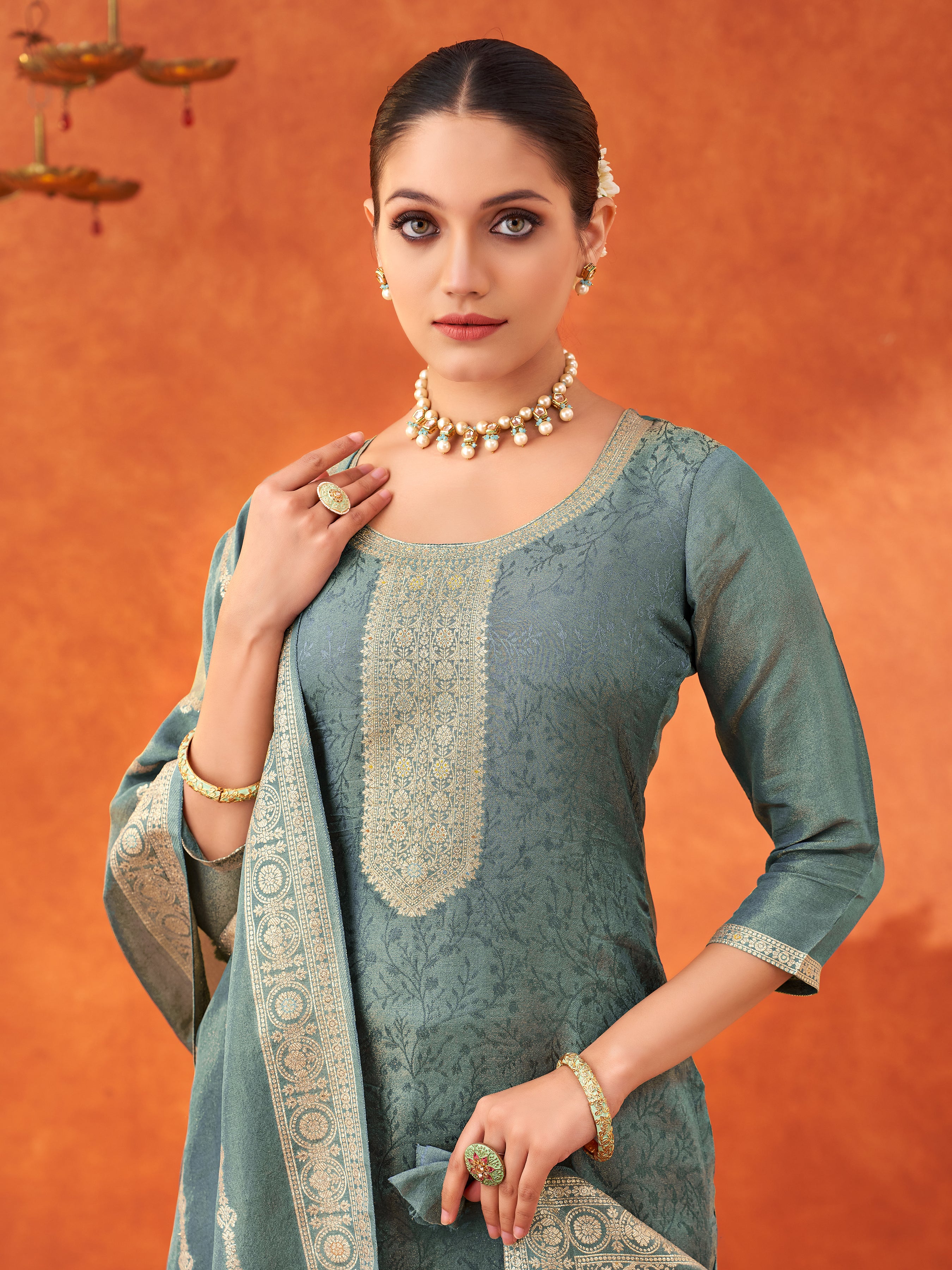 Women's Grey Pure Gold Tissue Silk Woven Jacquard Kurta set with dupatta