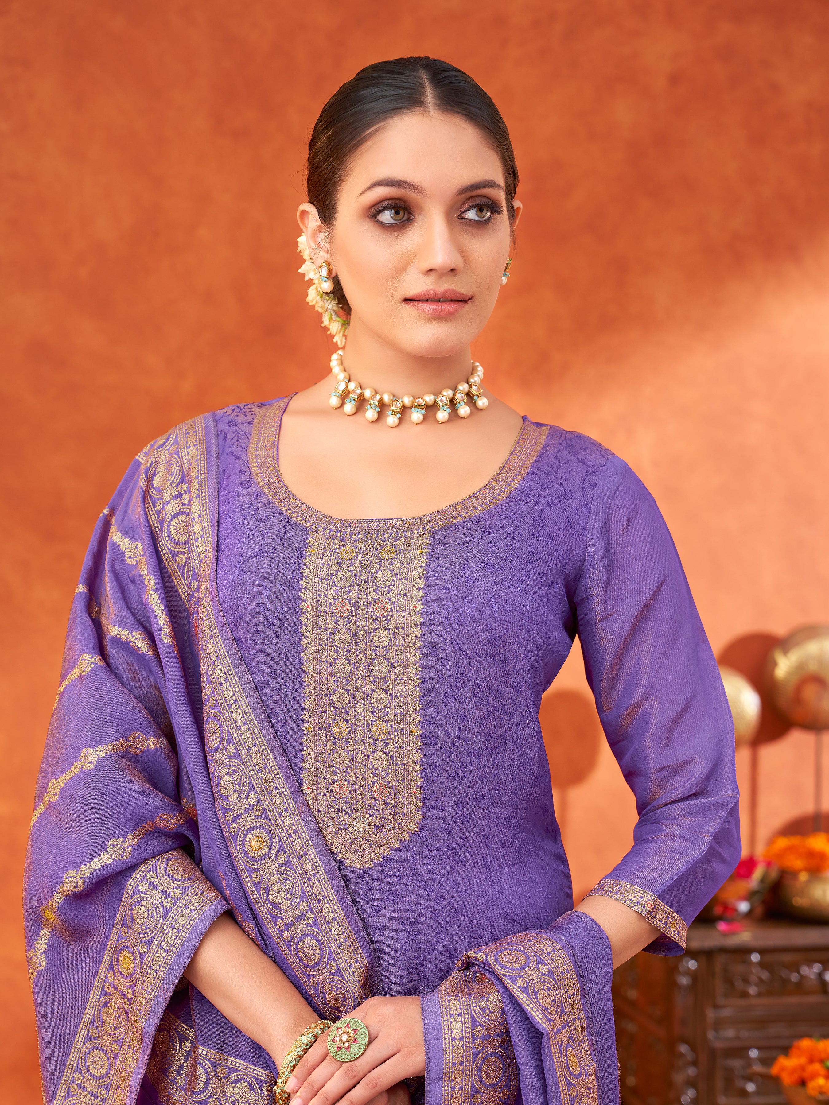 Women's Lavender Pure Gold Tissue Silk Woven Jacquard Kurta set with dupatta