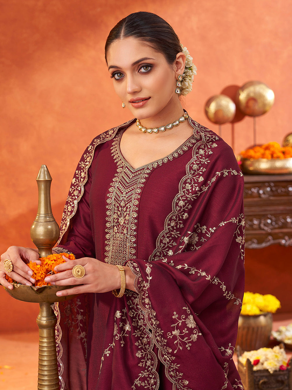 Women's Maroon Silk Blend Sequence Embroidered Kurta set with dupatta with scallop edge