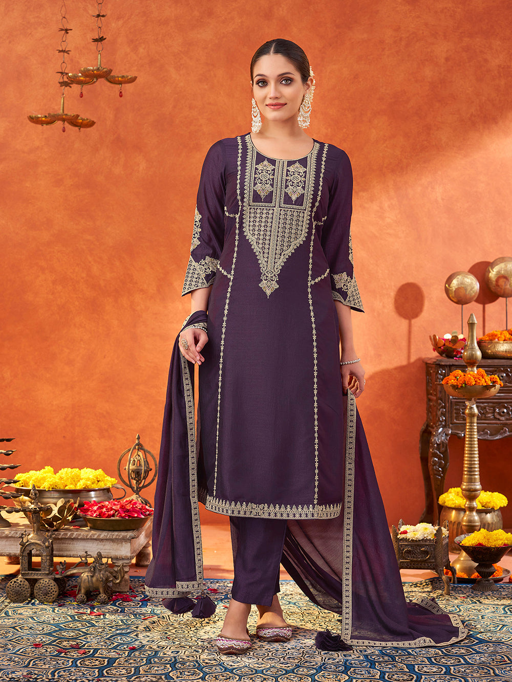 Women's Purple Silk Blend Embroidered Kurta set with dupatta