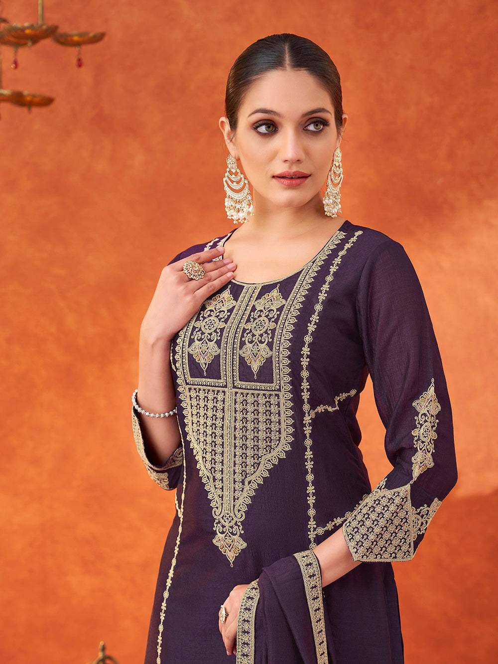 Women's Purple Silk Blend Embroidered Kurta set with dupatta