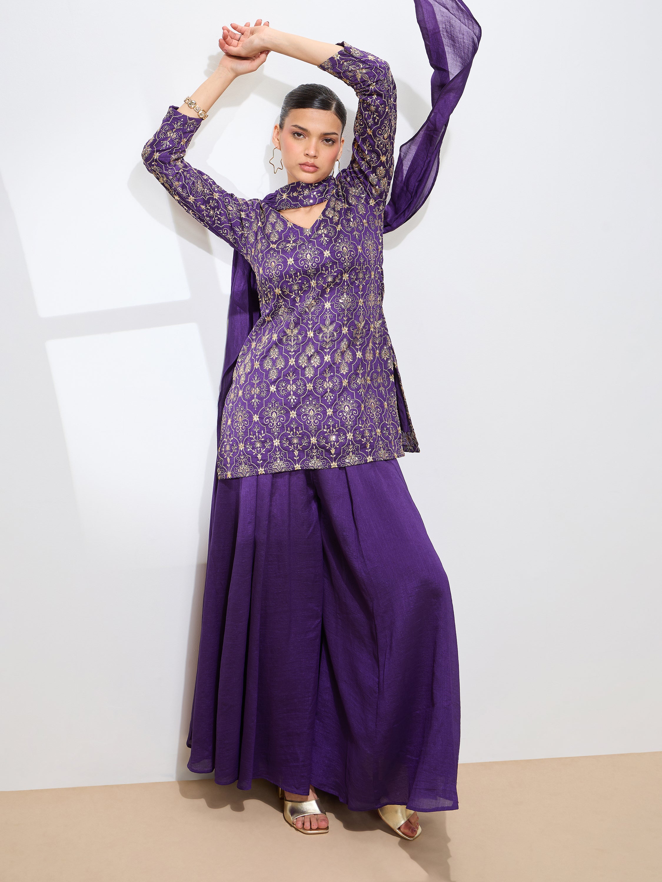 Women's Purple Silk Blend Embroidered Sharara set with dupatta