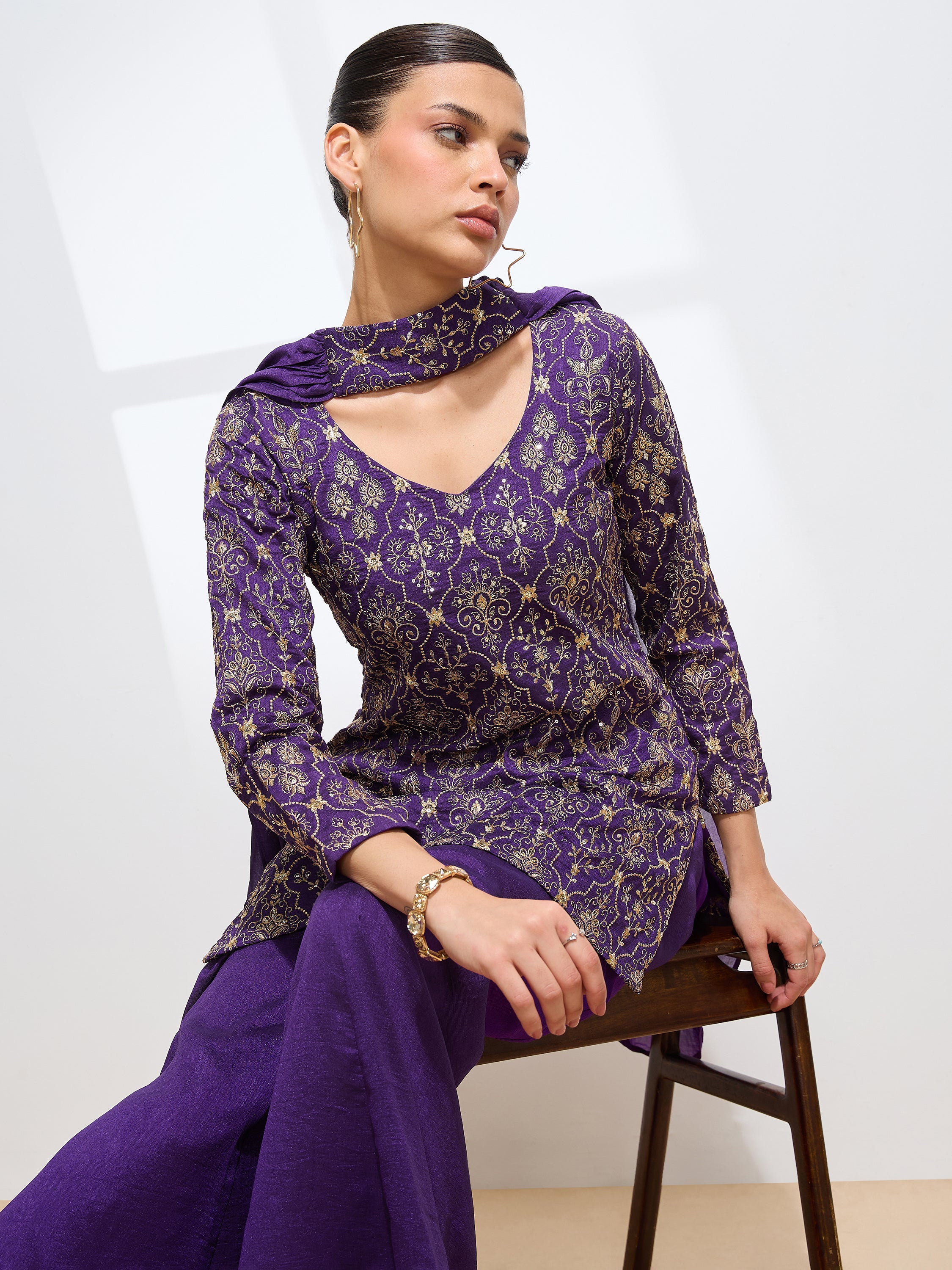 Women's Purple Silk Blend Embroidered Sharara set with dupatta